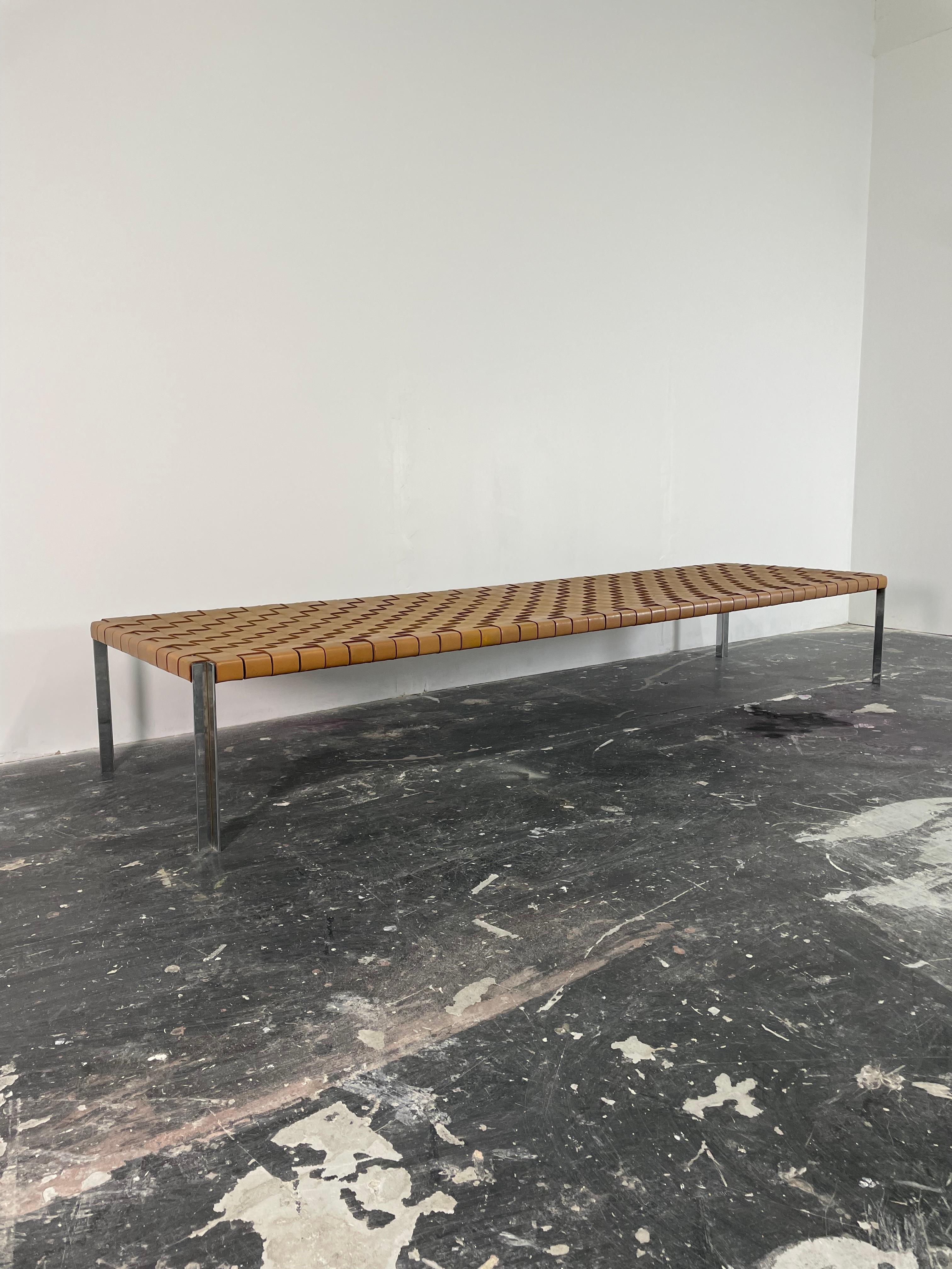 Mid-20th Century Large Woven Leather and Steel Bench by Erwine & Estelle Laverne For Sale
