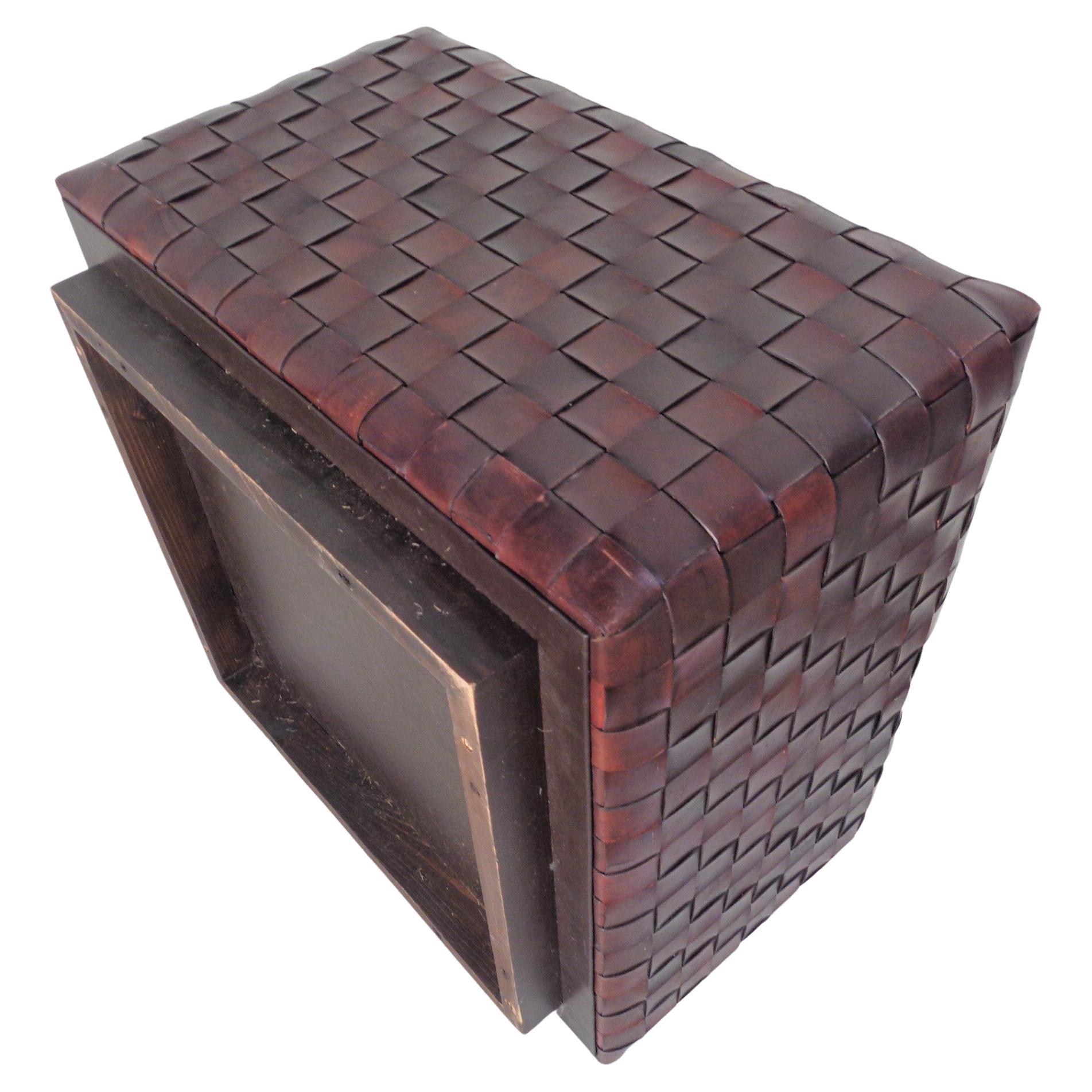 Modern Large Woven Leather Ottoman, Circa 1990 For Sale