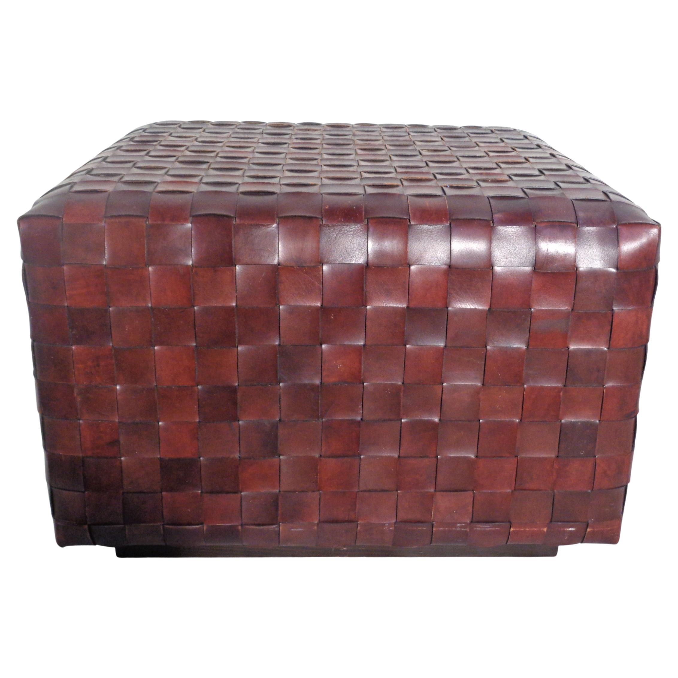 Large Woven Leather Ottoman, Circa 1990 For Sale