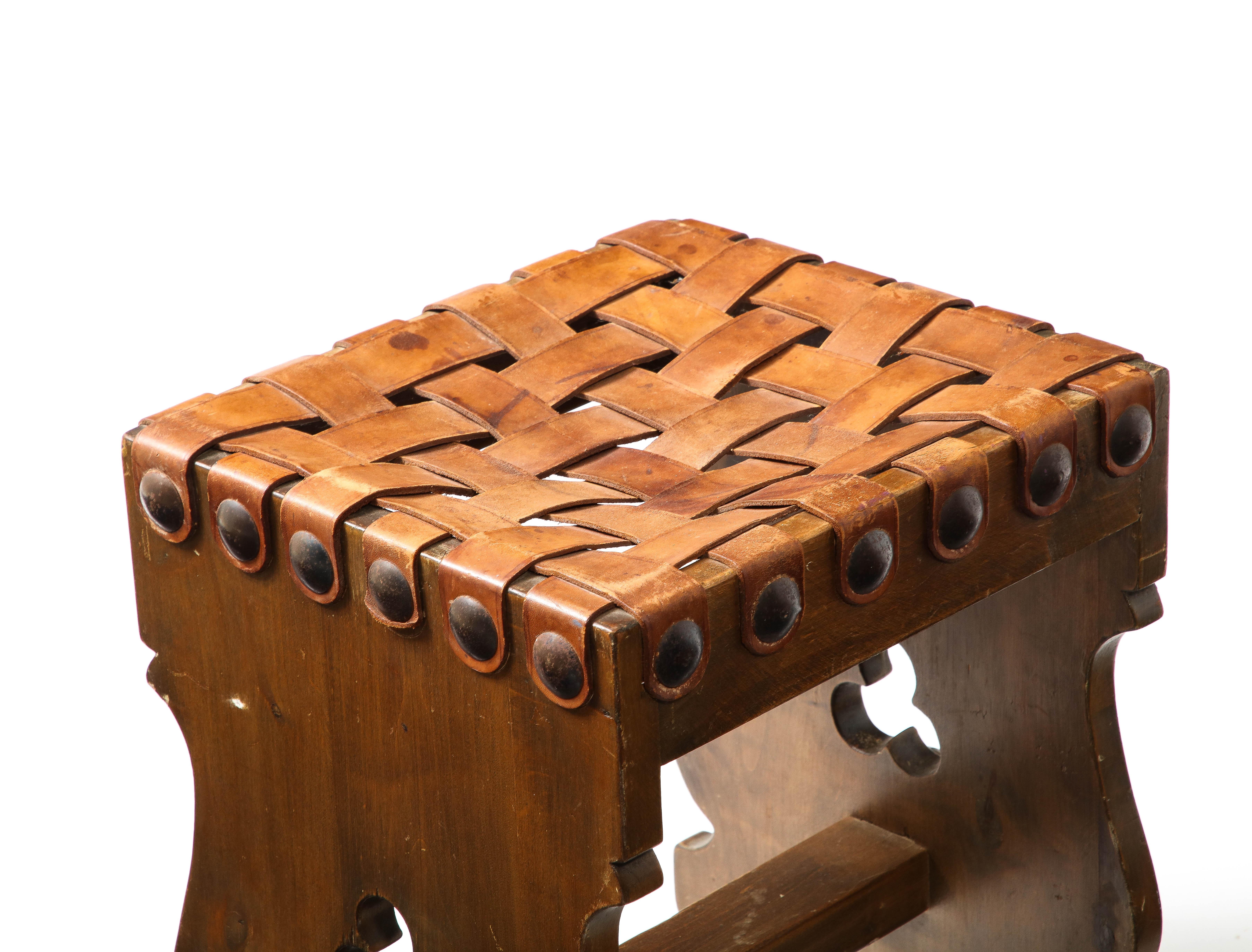 Large Woven Leather Straps Stool, France 1950’s For Sale 3