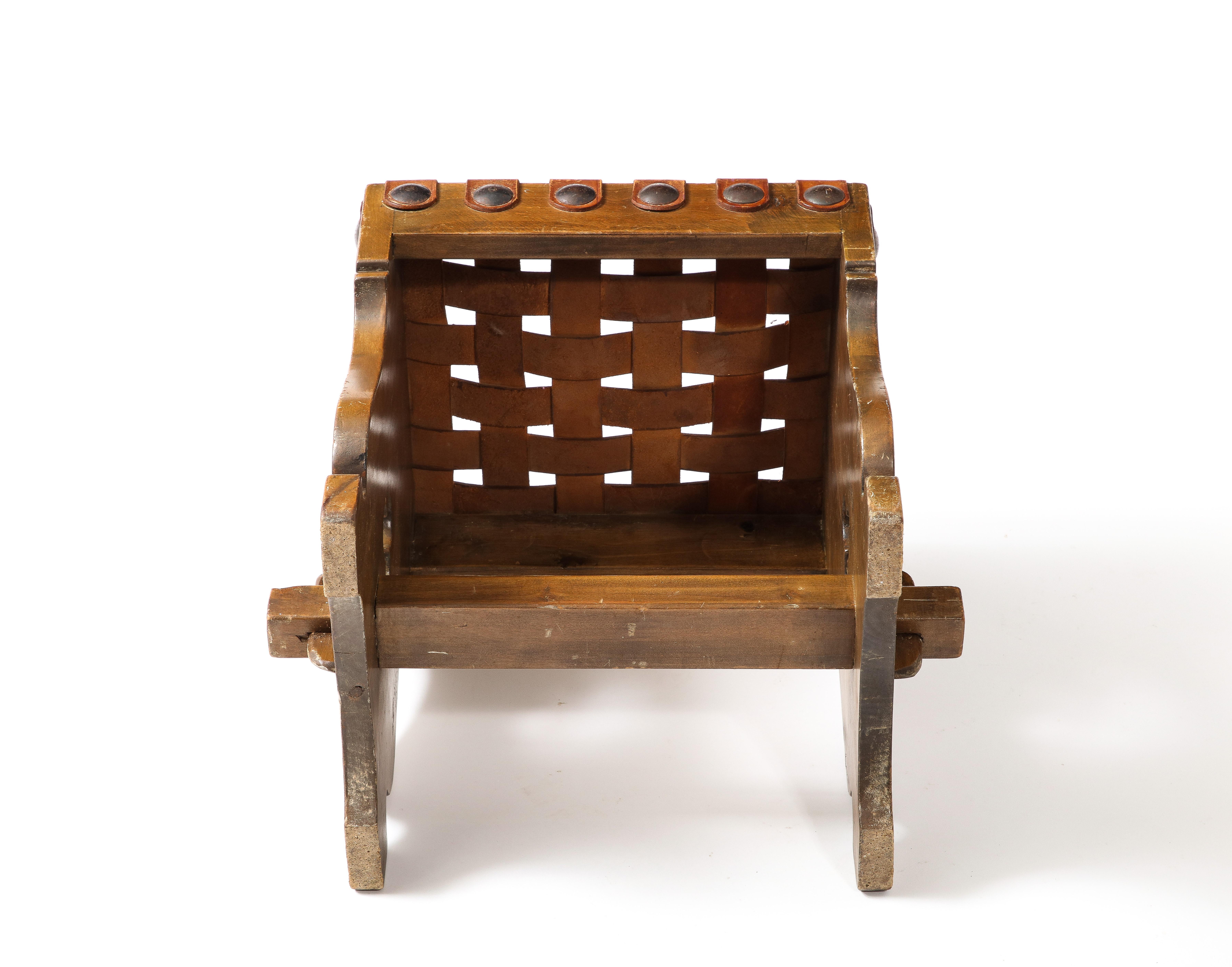 Large Woven Leather Straps Stool, France 1950’s For Sale 5