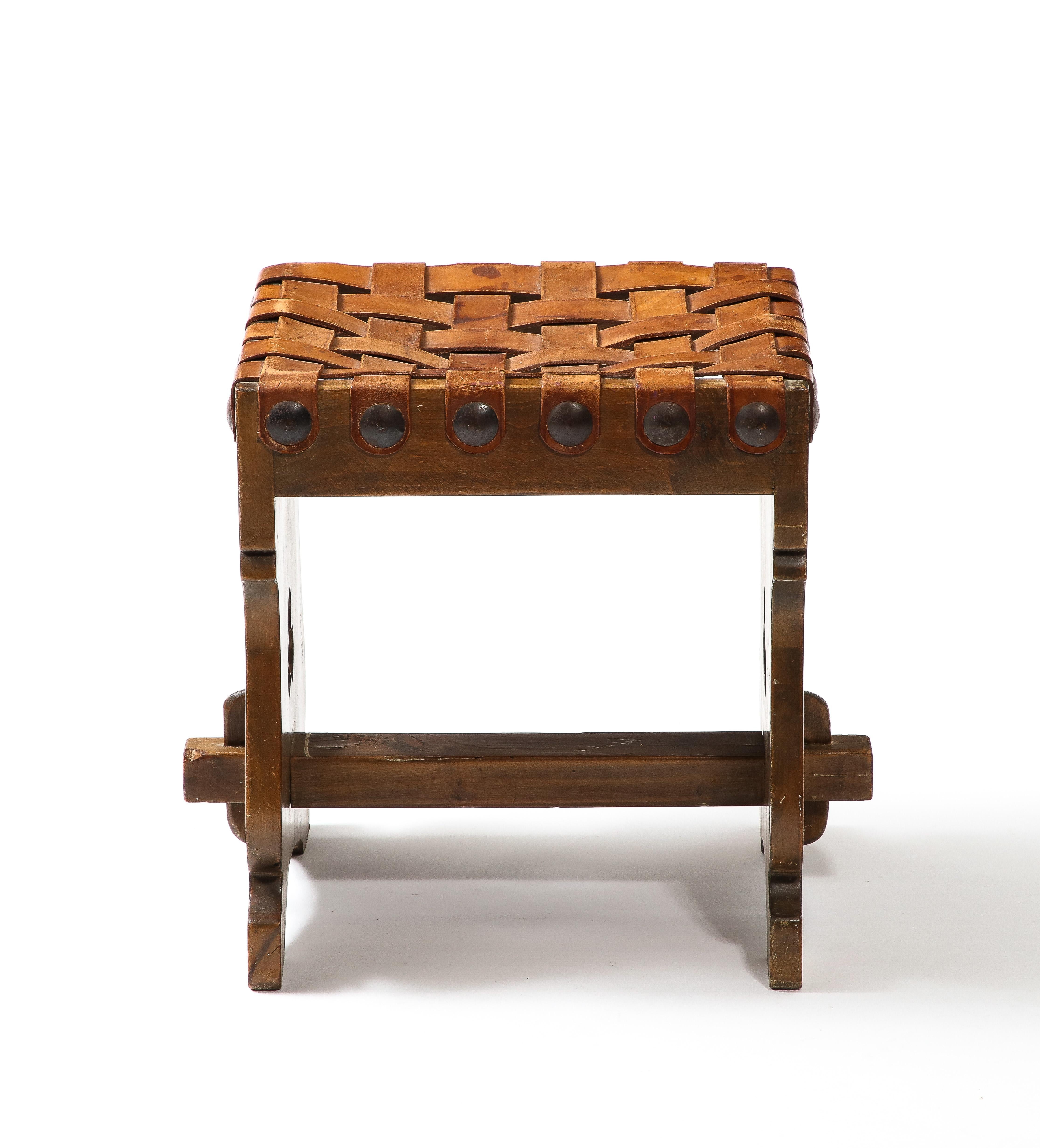 Large Woven Leather Straps Stool, France 1950’s For Sale 6