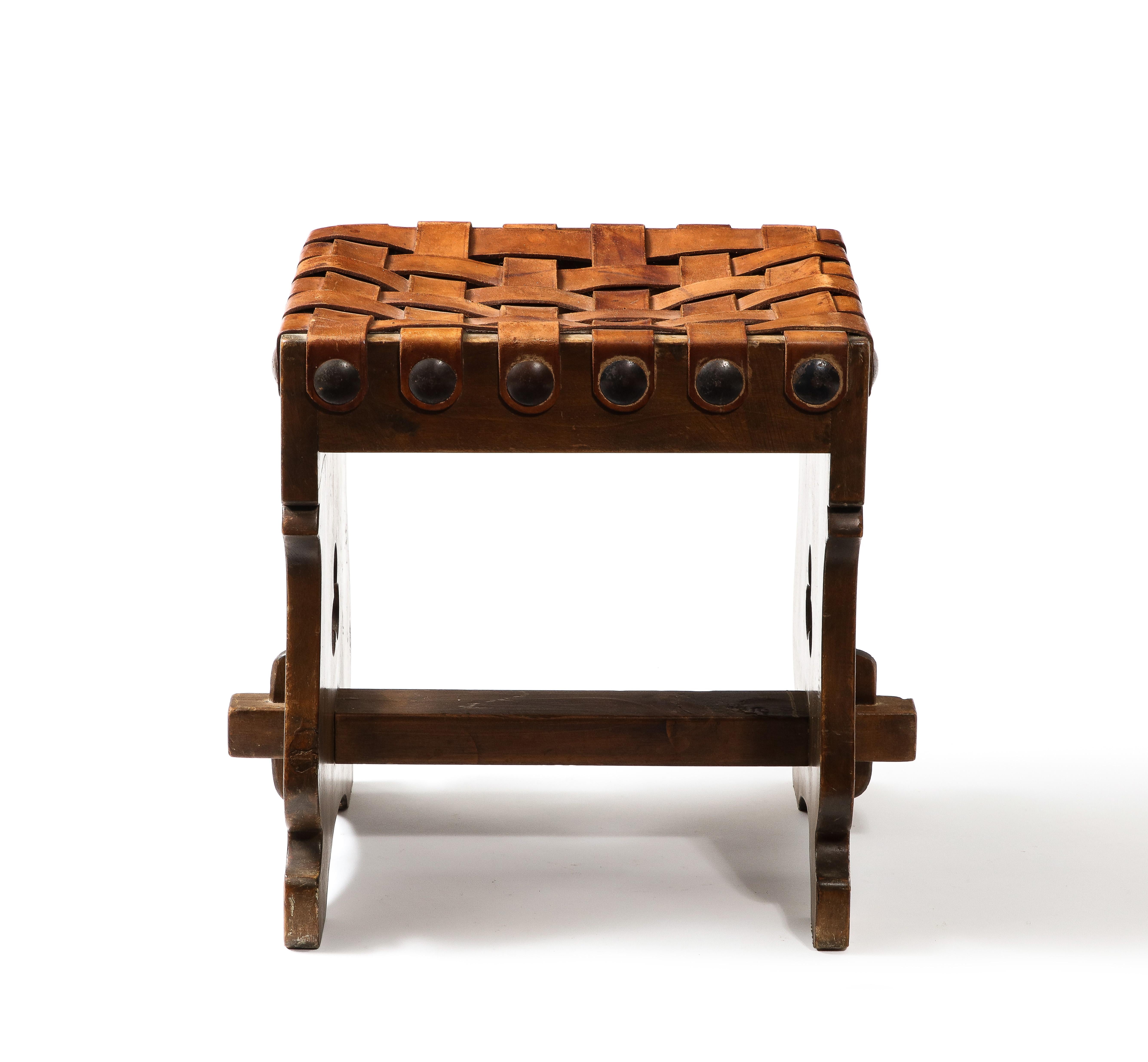 Hand-Woven Large Woven Leather Straps Stool, France 1950’s For Sale