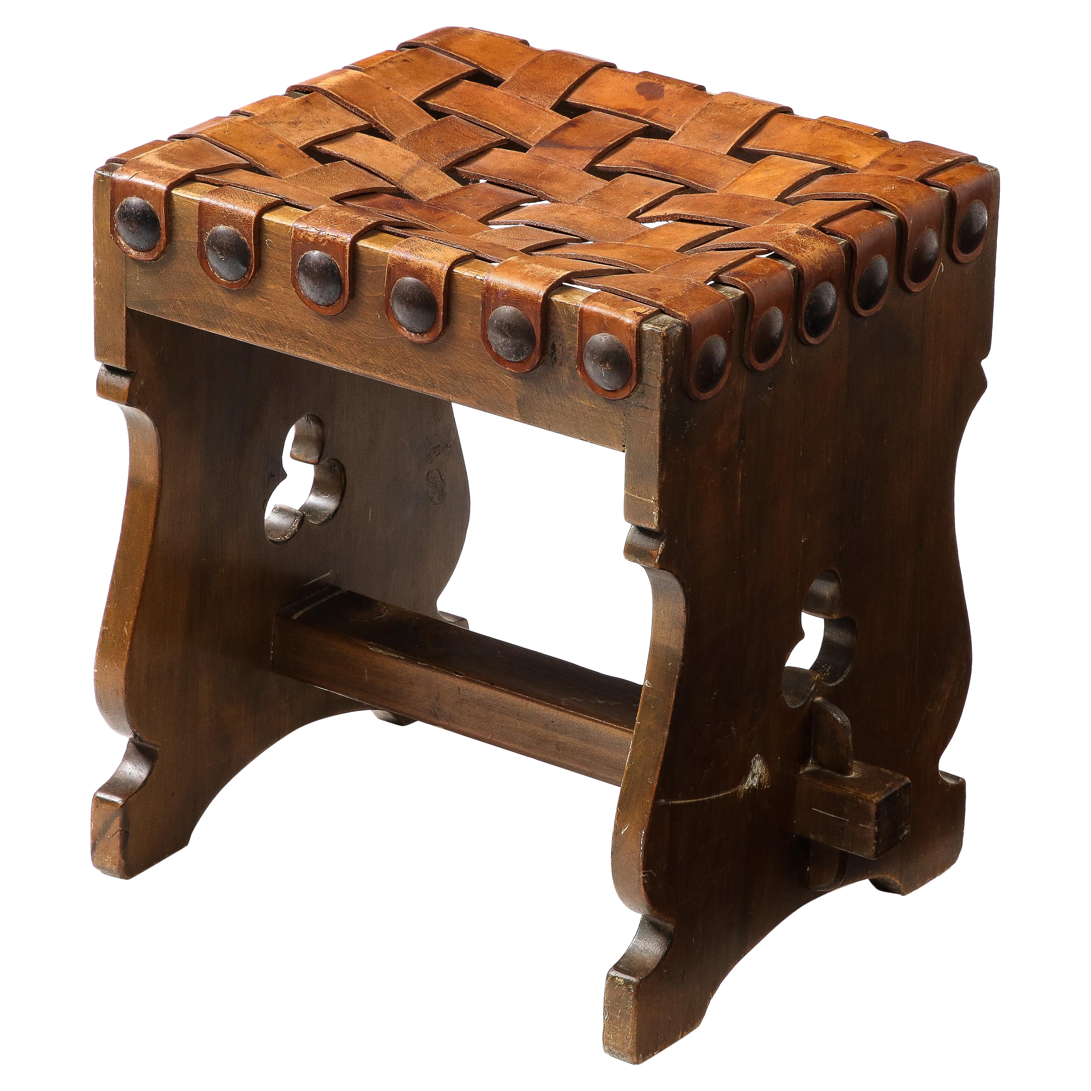 Large Woven Leather Straps Stool, France 1950’s