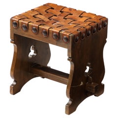 Large Woven Leather Straps Stool, France 1950’s