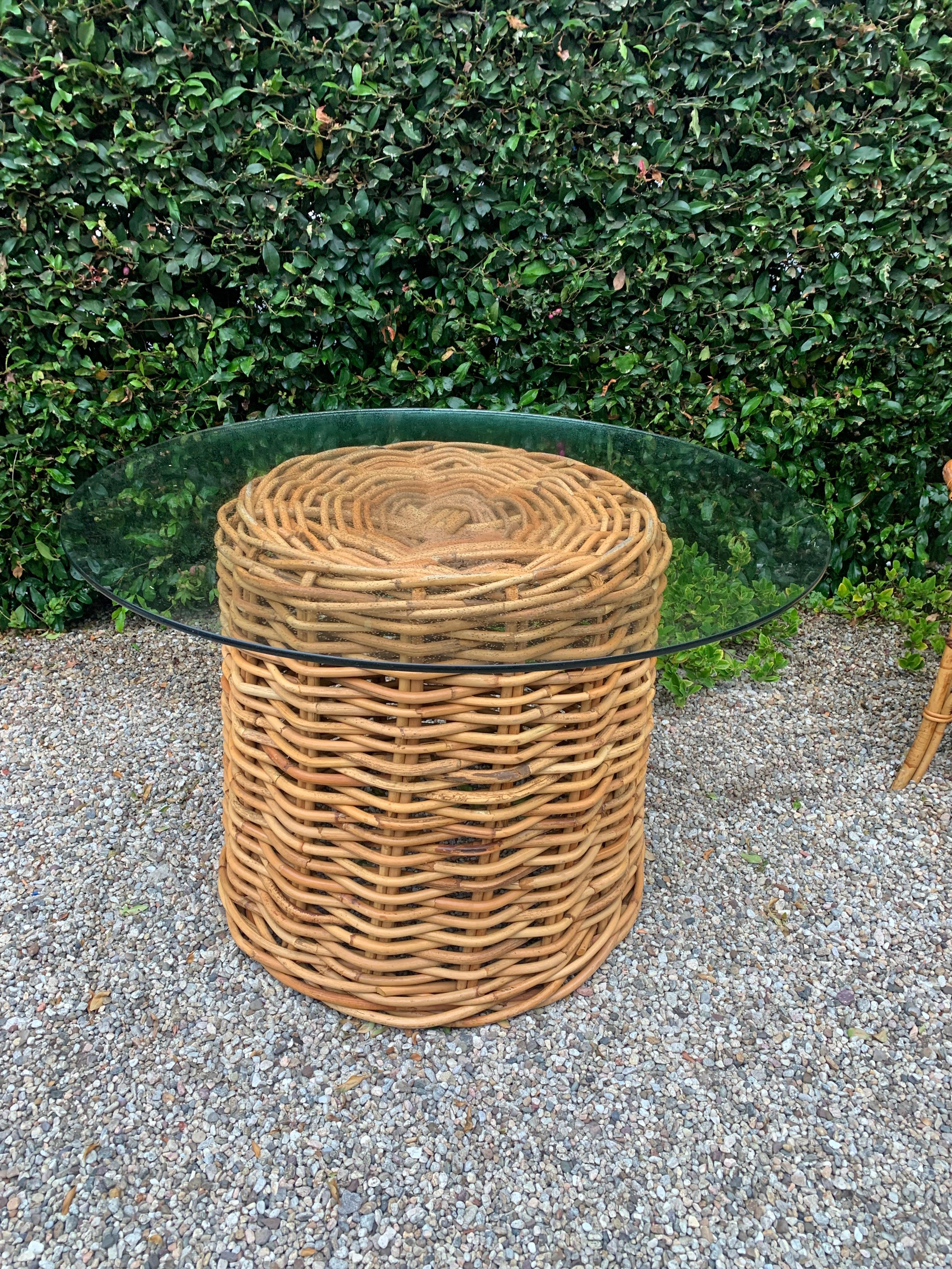 Mid-Century Modern Large Woven Pencil Rattan Glass Top Table