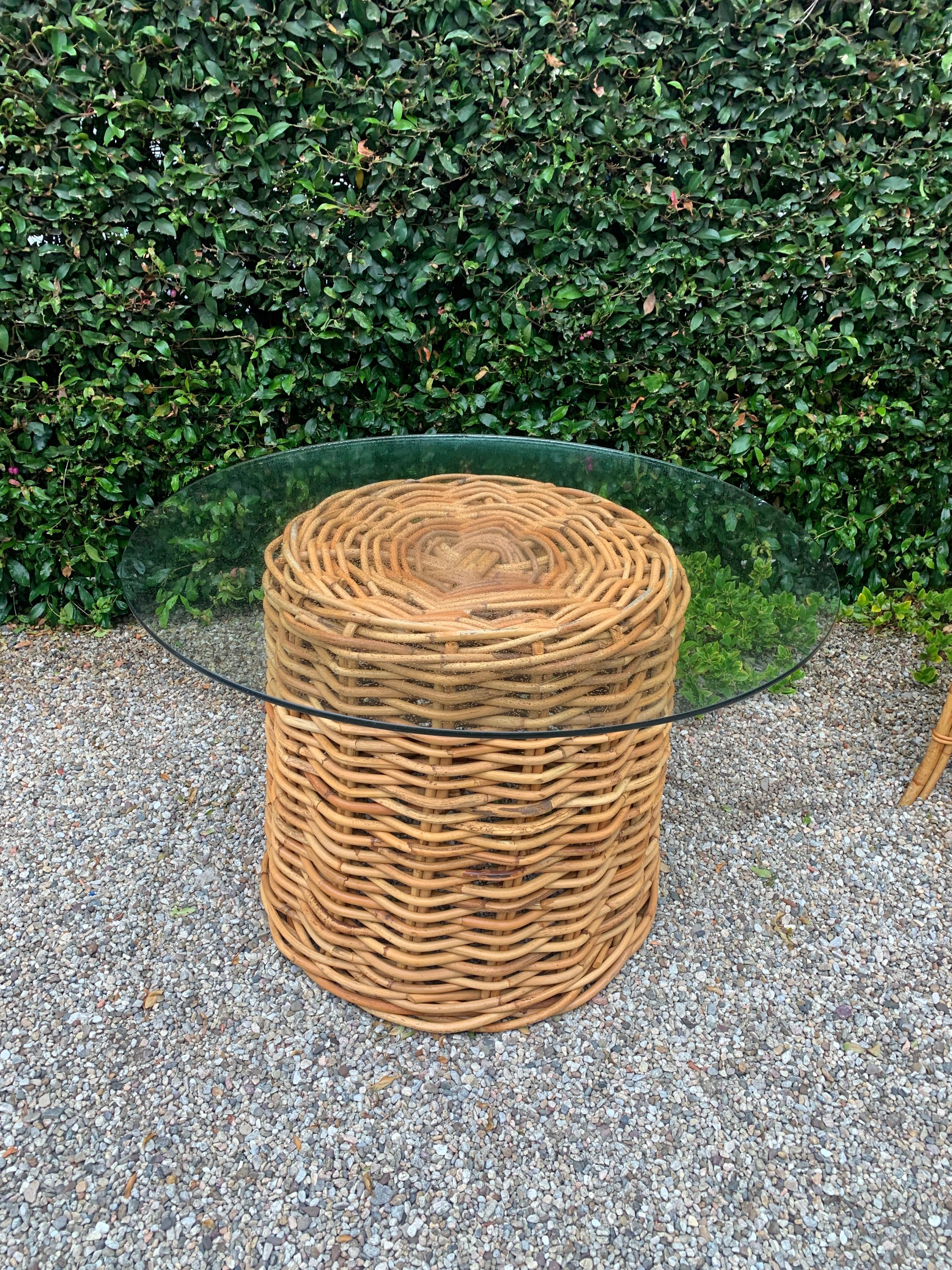 Hand-Woven Large Woven Pencil Rattan Glass Top Table