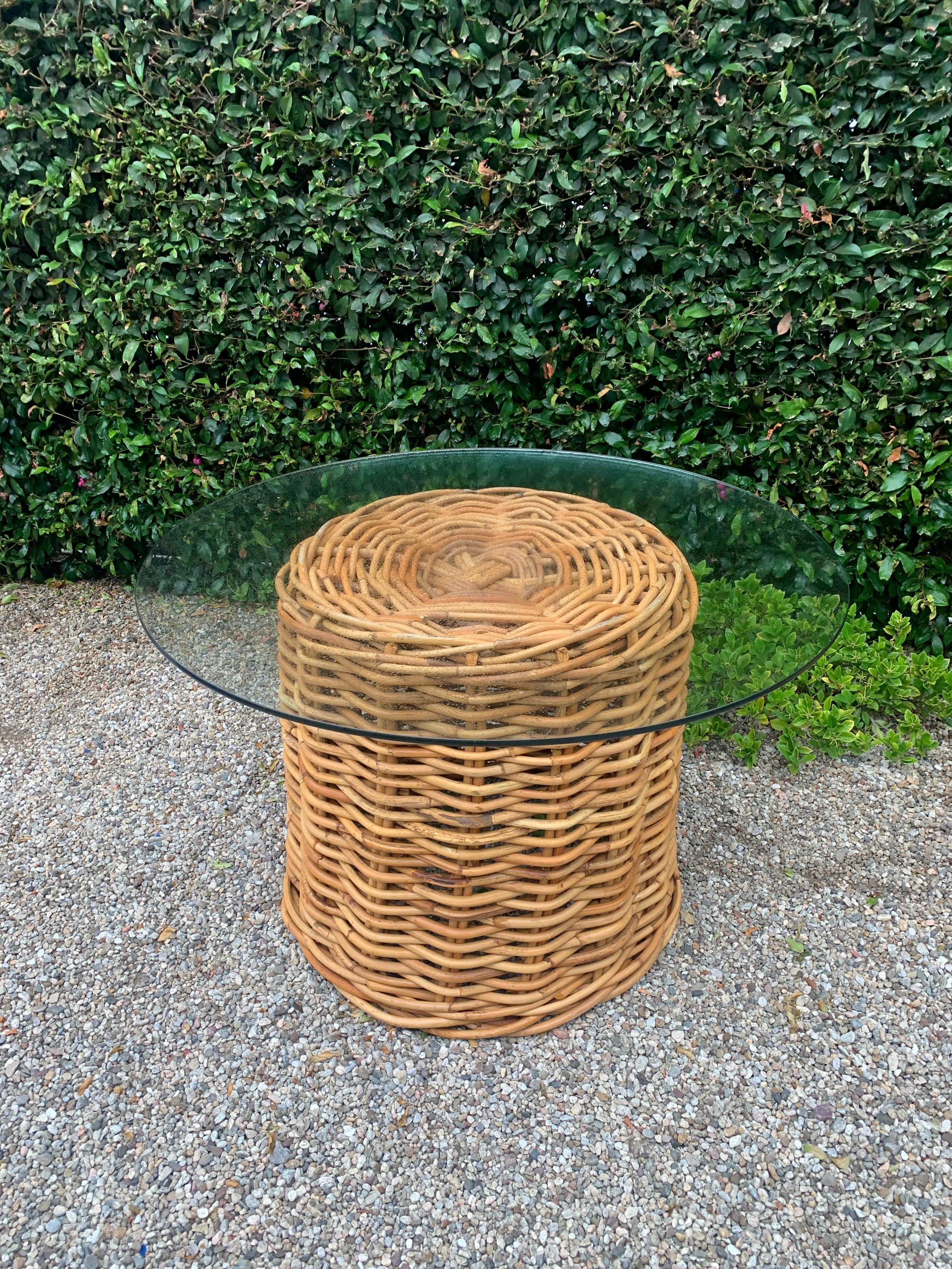 Large Woven Pencil Rattan Glass Top Table In Good Condition In Los Angeles, CA