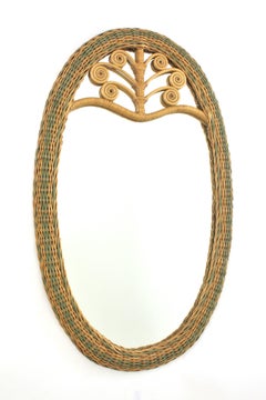 Large Oval Mirror in Woven Rattan with Filigree Details