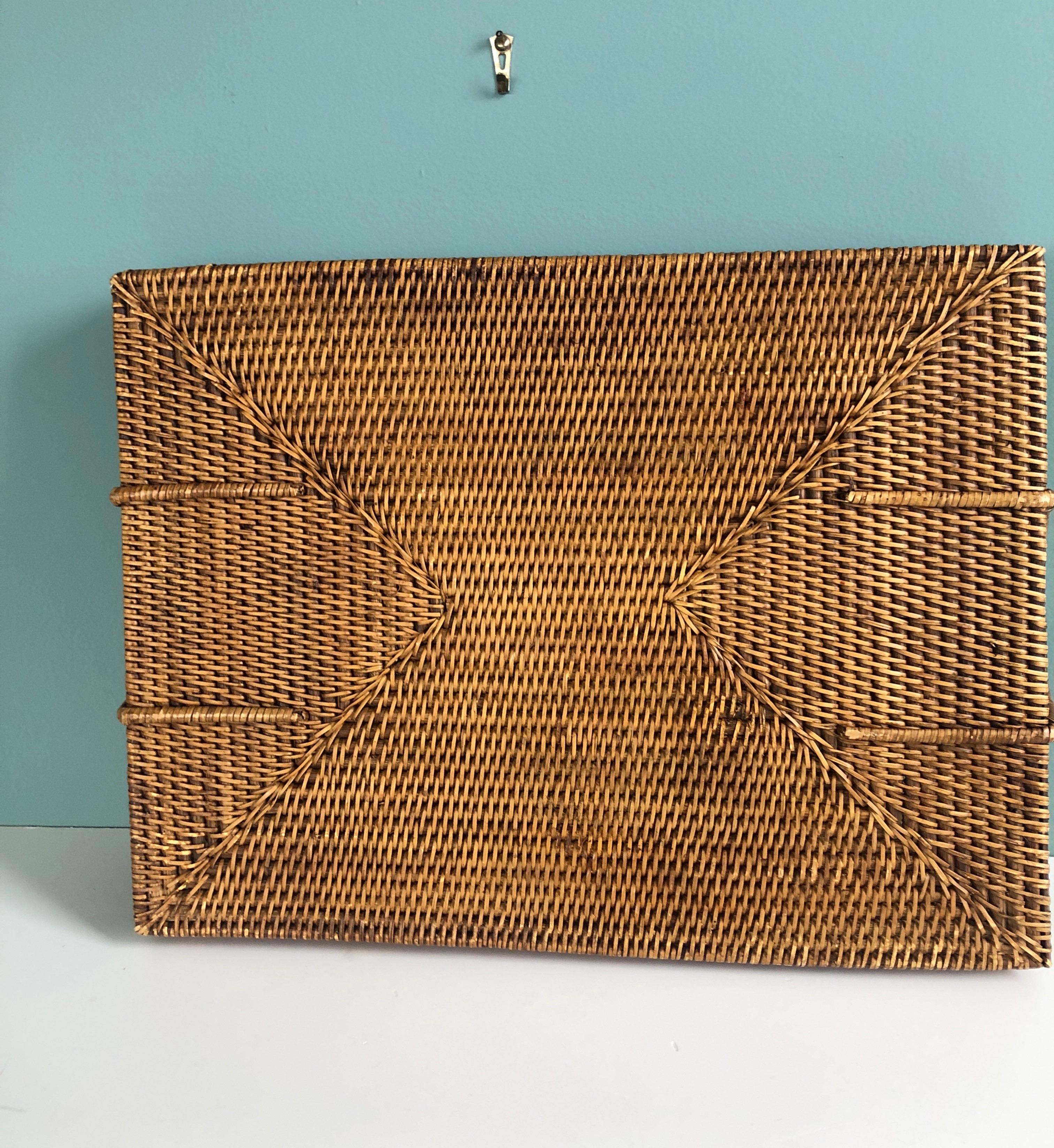 Mid-Century Modern Large Woven Rattan Serving Tray with Handles