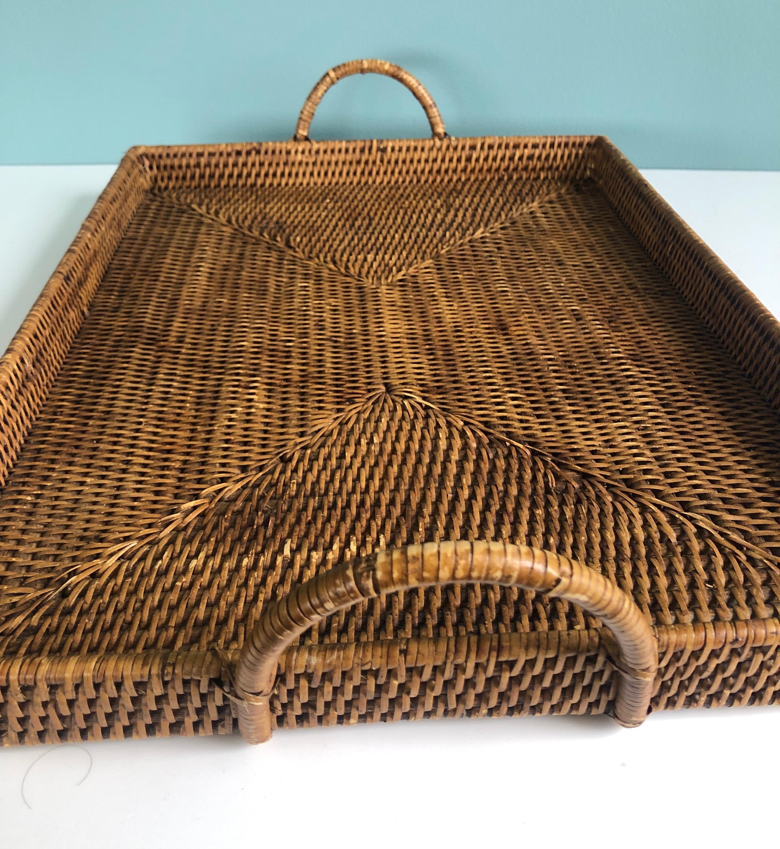 Indonesian Large Woven Rattan Serving Tray with Handles