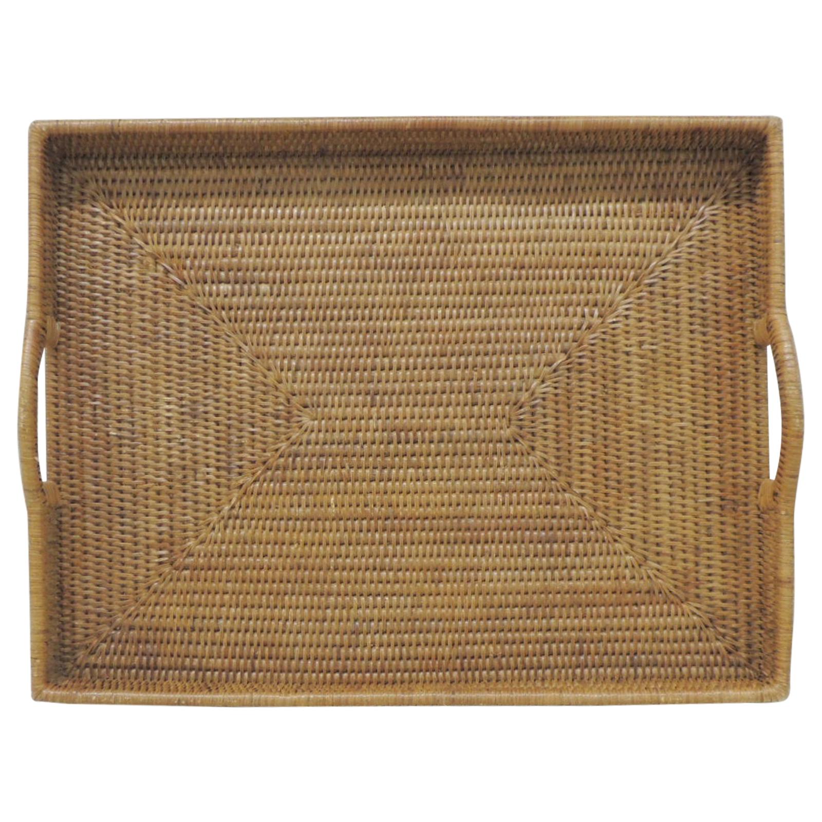 Large Woven Rattan Serving Tray with Handles