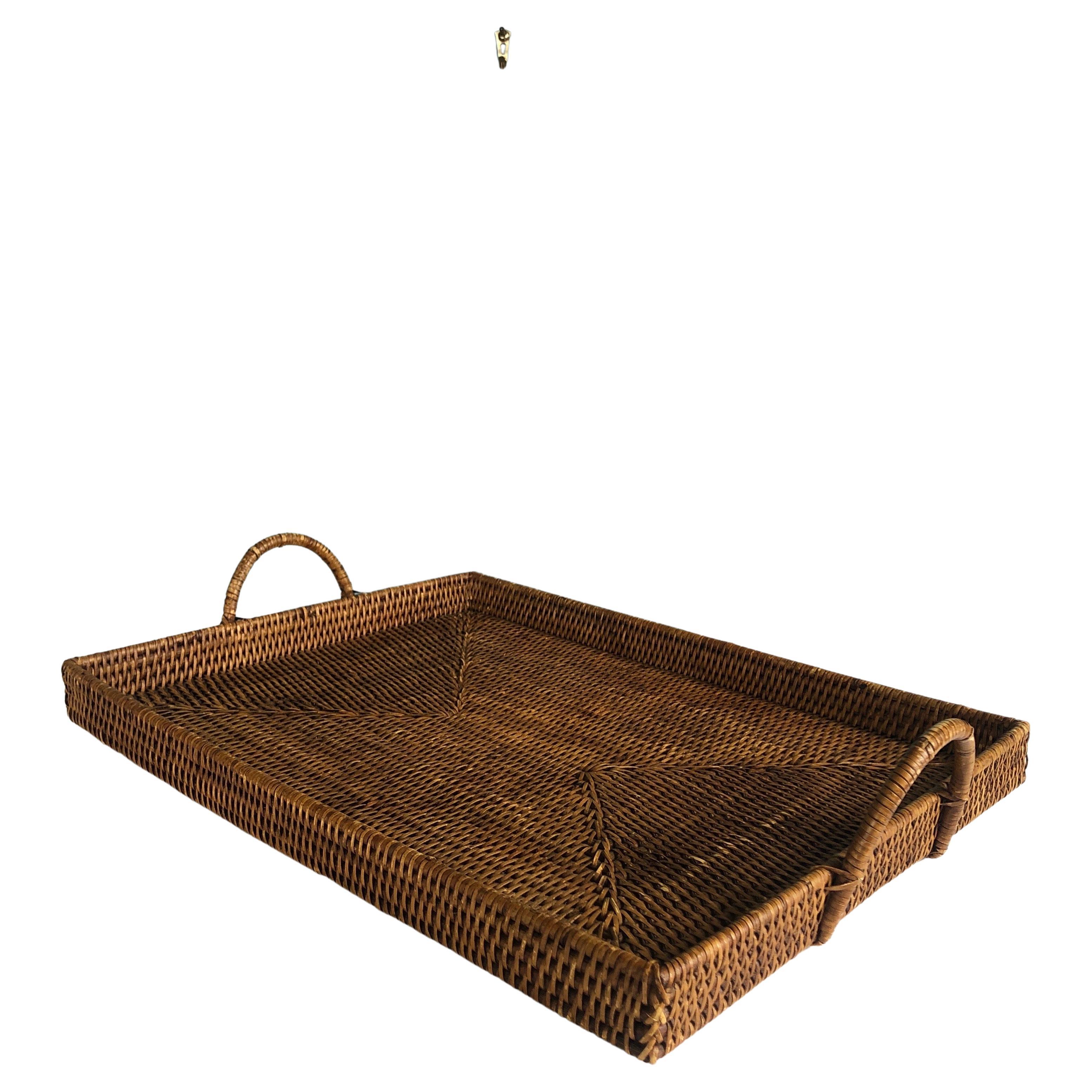 Large Woven Rattan Serving Tray with Handles