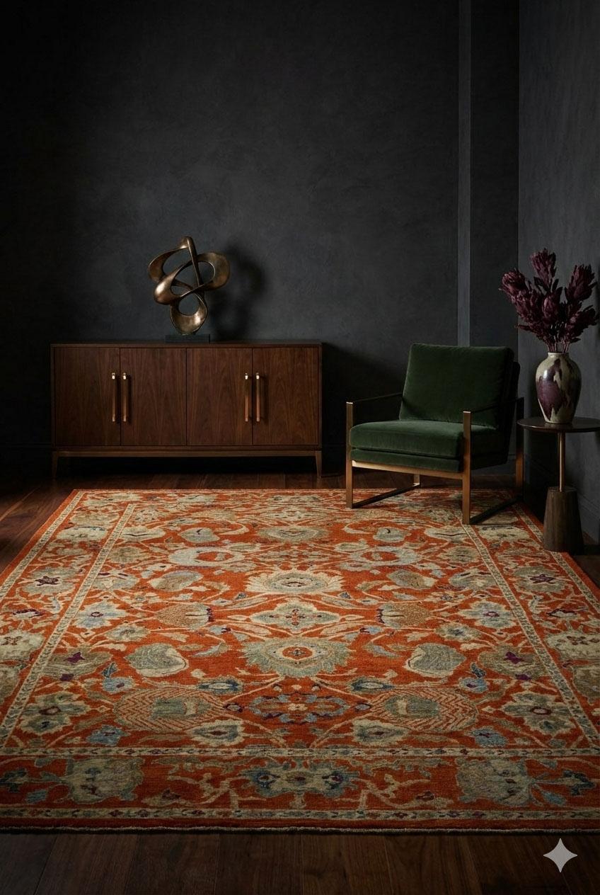 Dieser großflächig gewebte Teppich präsentiert ein detailreiches botanisches Allover-Layout, das mit Ranken, Palmetten und stilisierten Blumenmotiven gefüllt ist. Im Mittelpunkt der Palette steht ein warmer Rostgrund, der durch sanftes Blau, Salbei,