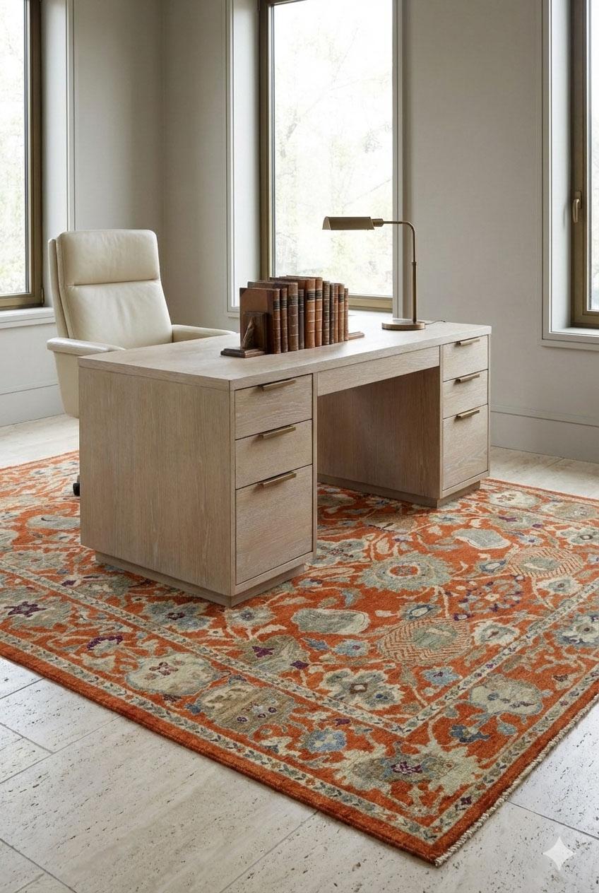 Großer Webteppich, 12 Fuß × 15 Fuß, Rost und sanfte blaue Palette (Handgewebt) im Angebot