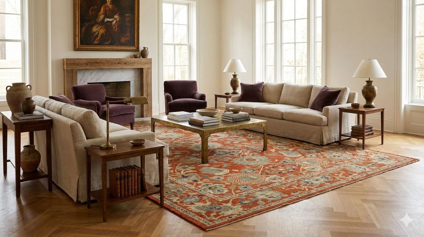 Großer Webteppich, 12 Fuß × 15 Fuß, Rost und sanfte blaue Palette im Zustand „Hervorragend“ im Angebot in Dallas, TX