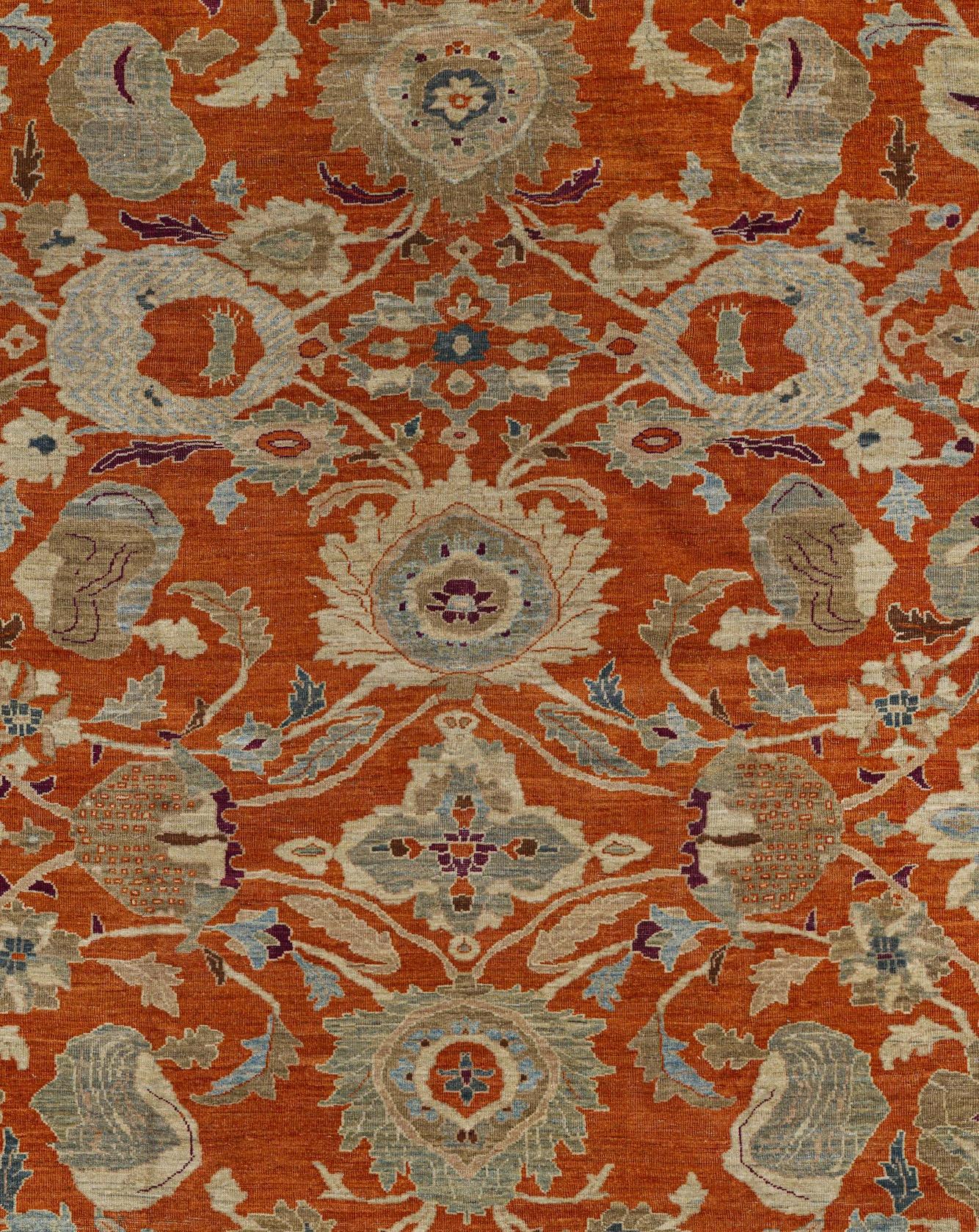 Großer Webteppich, 12 Fuß × 15 Fuß, Rost und sanfte blaue Palette (Wolle) im Angebot