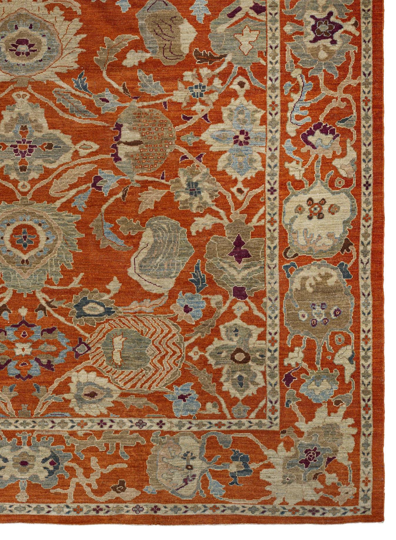 Großer Webteppich, 12 Fuß × 15 Fuß, Rost und sanfte blaue Palette im Angebot 1