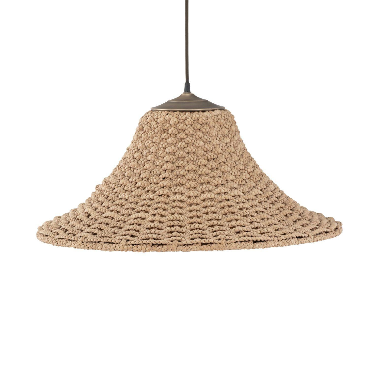 Large woven sisal pendant light: silk lined and newly wired for use within the USA using UL listed parts. Suspended by thick round rayon-covered cord. Includes simple antique brass finished canopy. Ready to install.