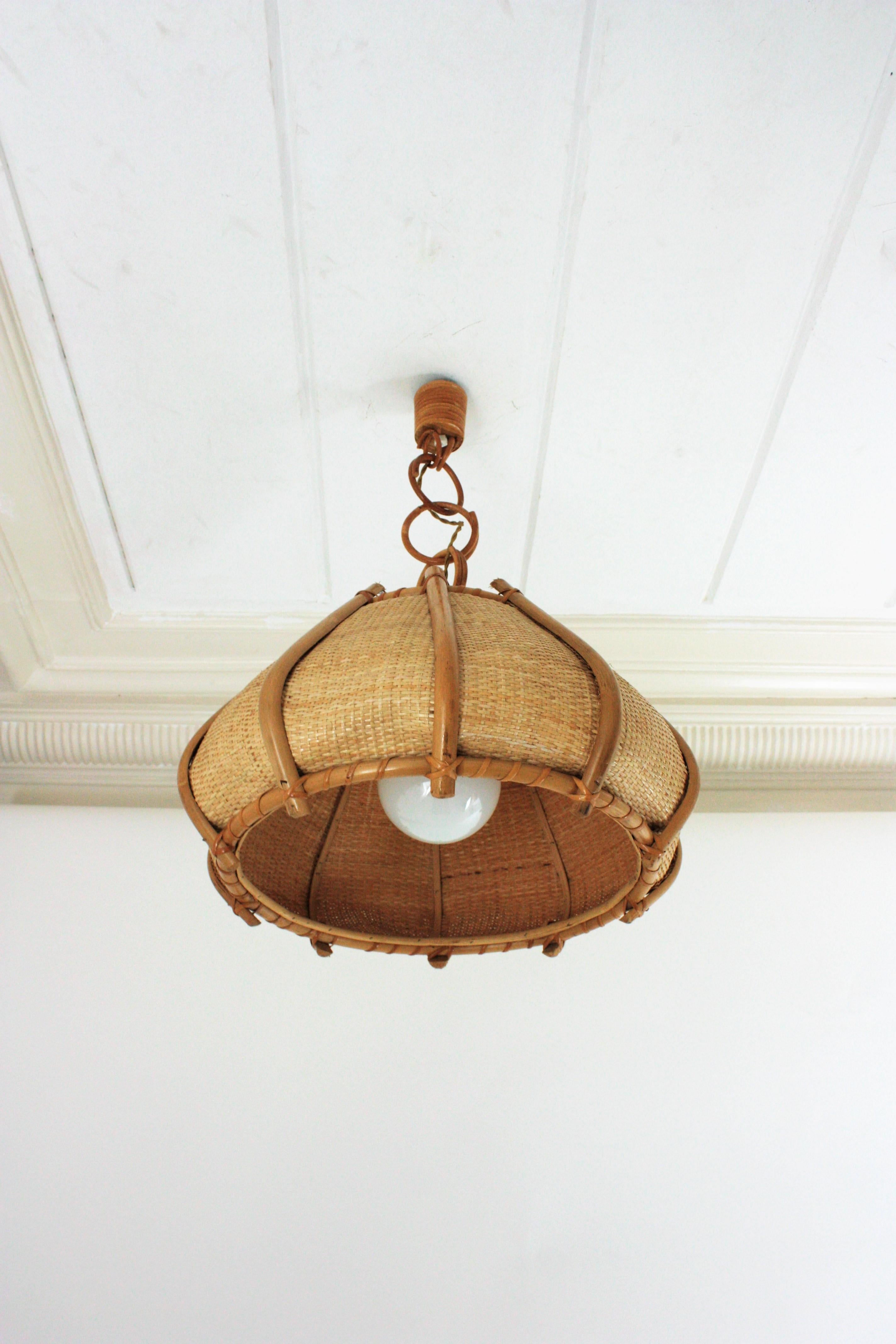 20th Century Large Woven Wicker Bamboo Bell Shaped Chandelier Pendant, 1960s