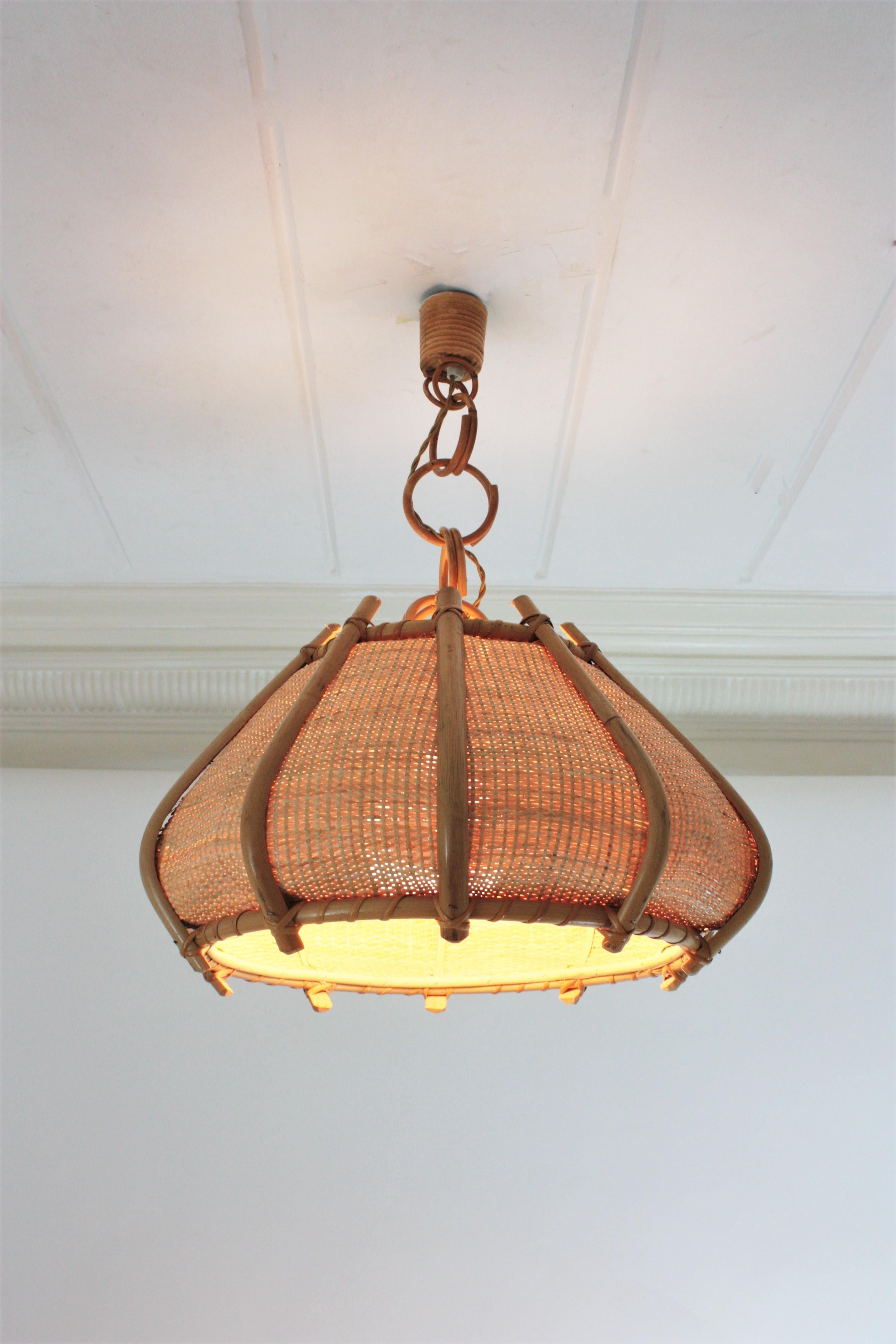 Large Woven Wicker Bamboo Bell Shaped Chandelier Pendant, 1960s 1