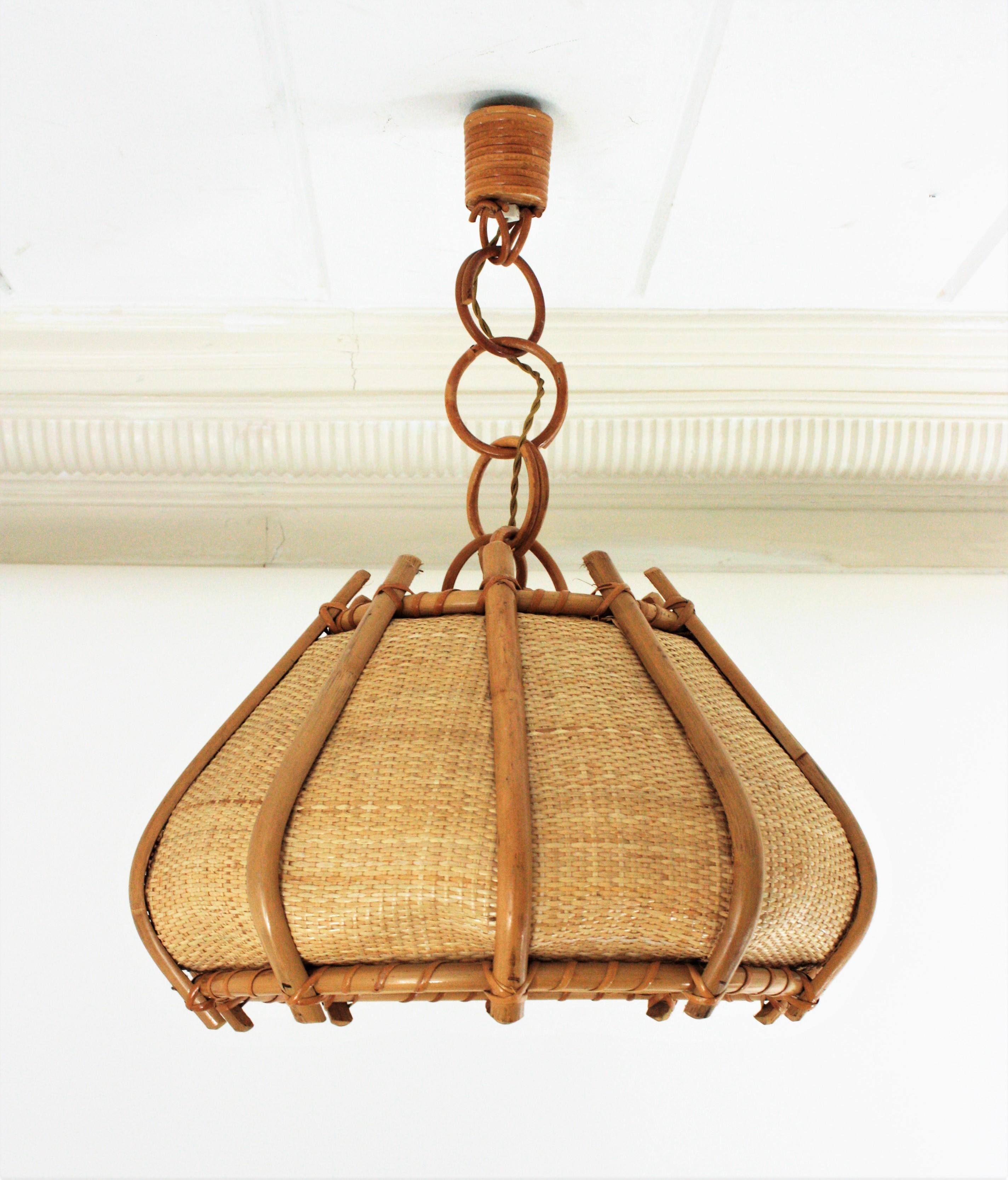 Large Woven Wicker Bamboo Bell Shaped Chandelier Pendant, 1960s 2