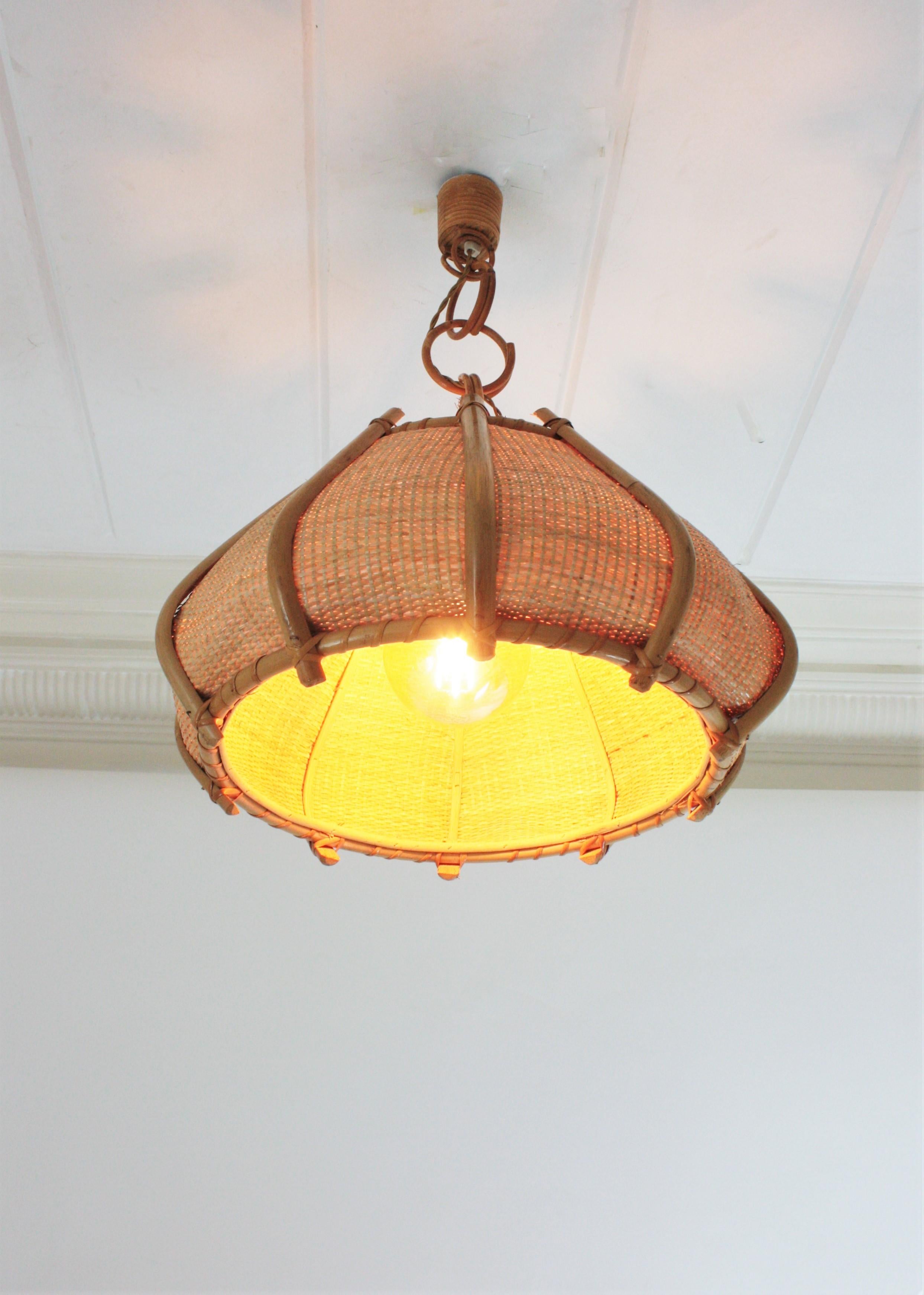 Large Woven Wicker Bamboo Bell Shaped Chandelier Pendant, 1960s 3