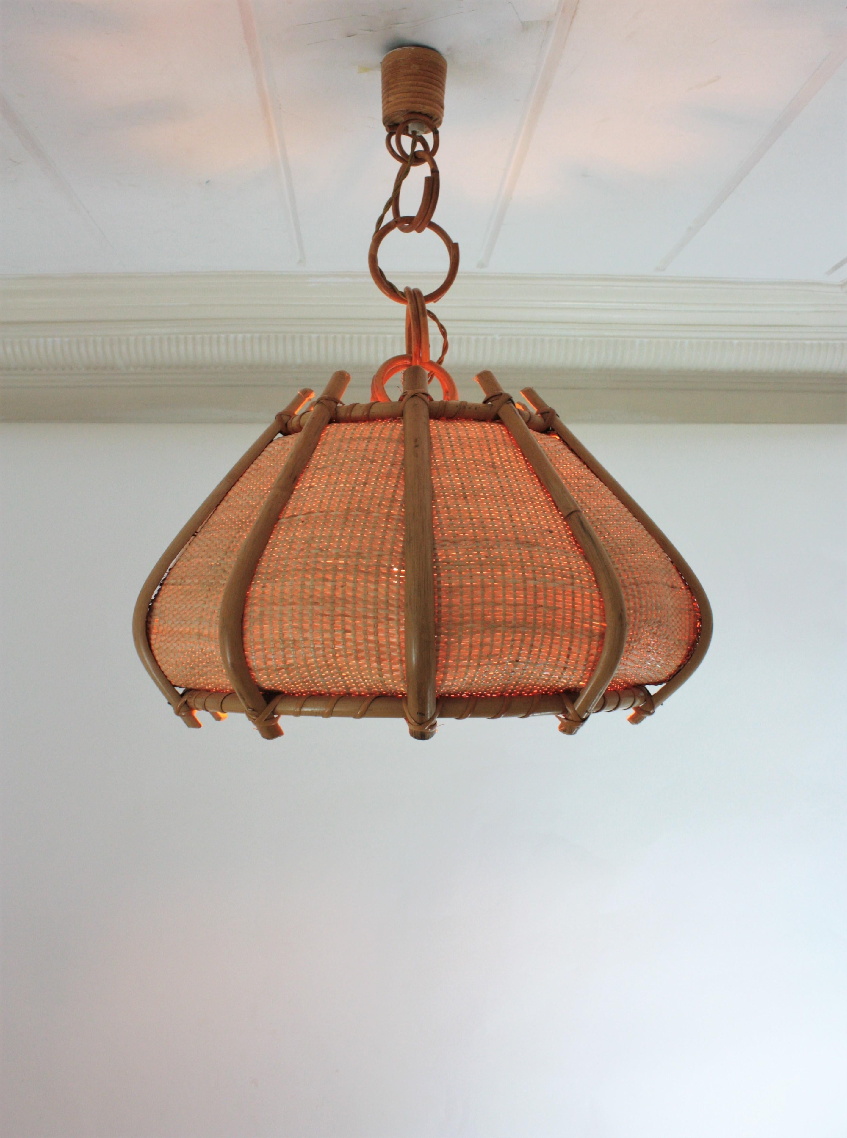 Large Woven Wicker Bamboo Bell Shaped Chandelier Pendant, 1960s 4
