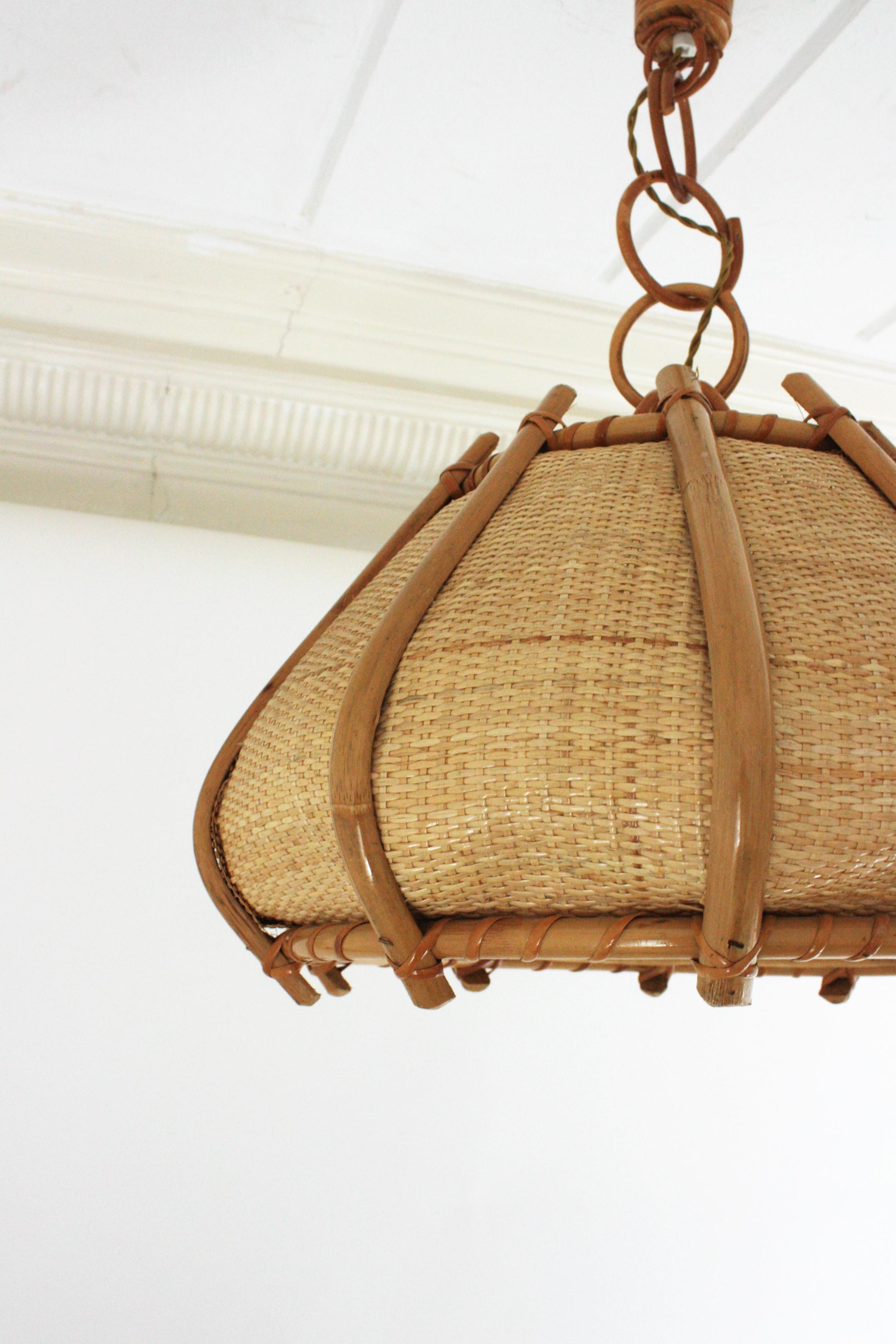 Large Woven Wicker Bamboo Bell Shaped Chandelier Pendant, 1960s 6