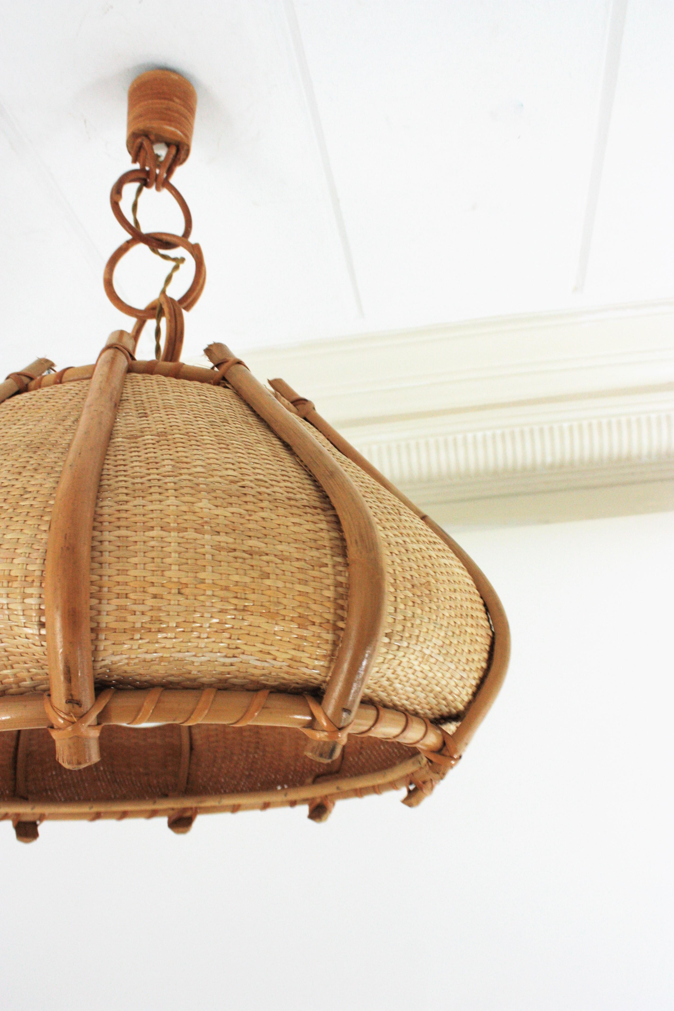 Large Woven Wicker Bamboo Bell Shaped Chandelier Pendant, 1960s 7