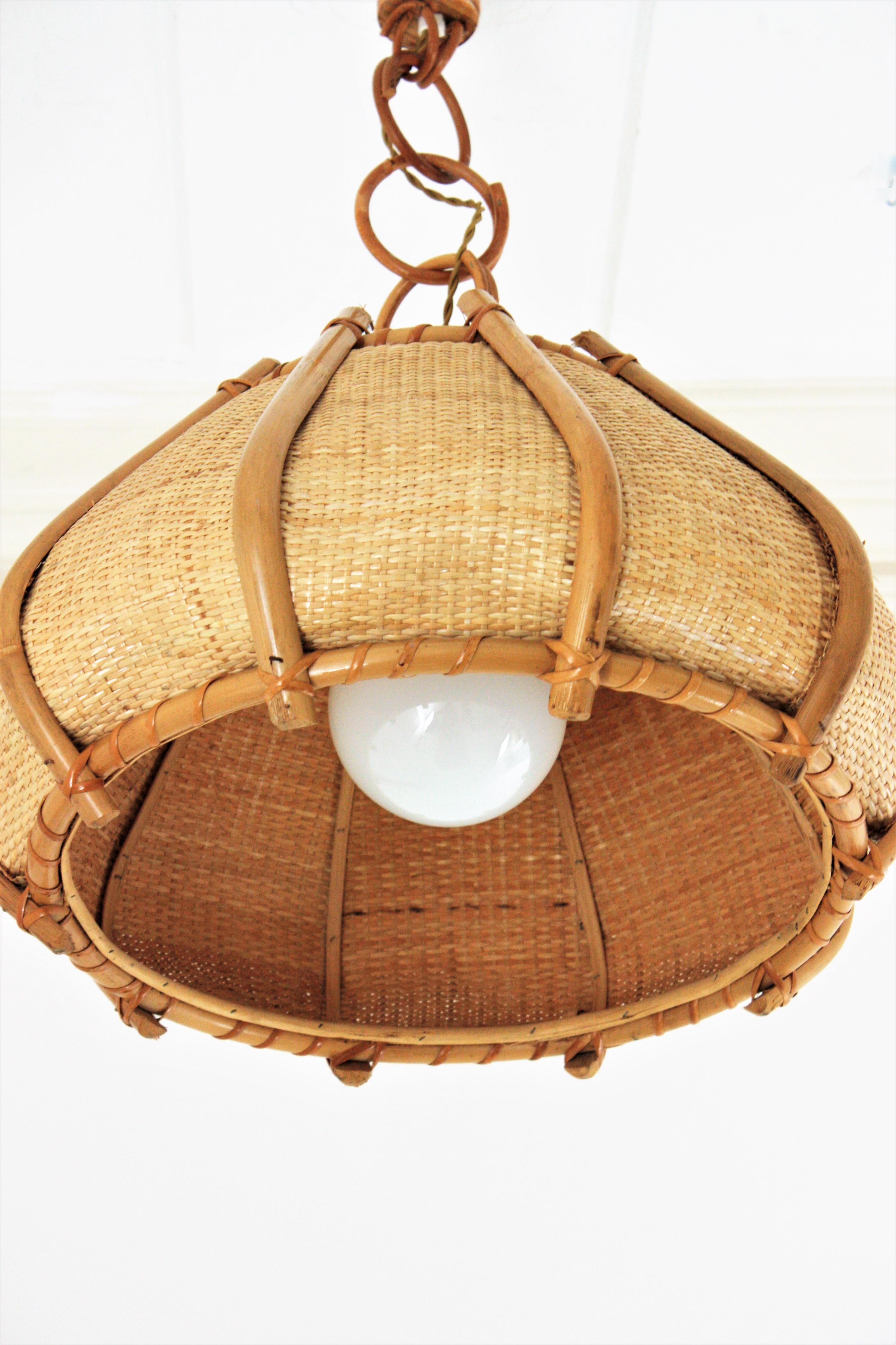 Spanish Large Woven Wicker Bamboo Bell Shaped Chandelier Pendant, 1960s