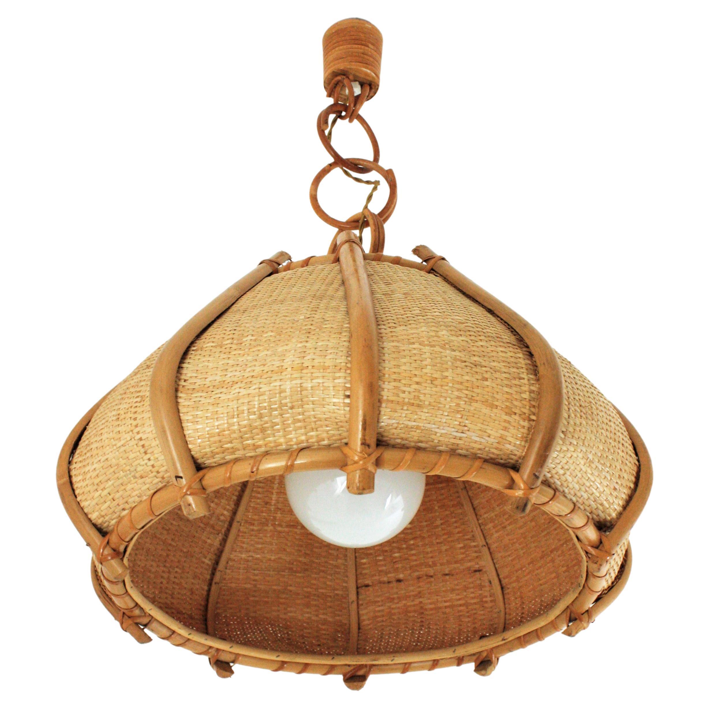Large Woven Wicker Bamboo Bell Shaped Chandelier Pendant, 1960s