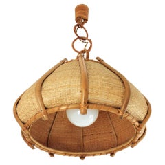 Large Woven Wicker Bamboo Bell Shaped Chandelier Pendant, 1960s