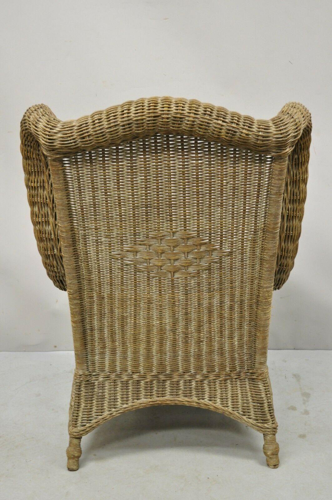 Large Woven Wicker Rattan Victorian Style Wingback Lounge Arm Chair For Sale 3