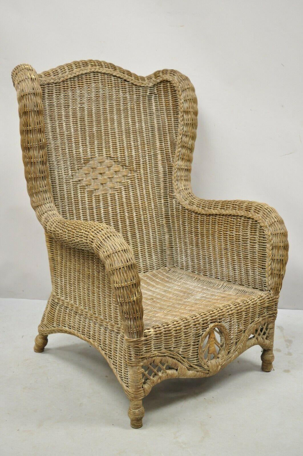Large Woven Wicker Rattan Victorian Style Wingback Lounge Arm Chair For Sale 4