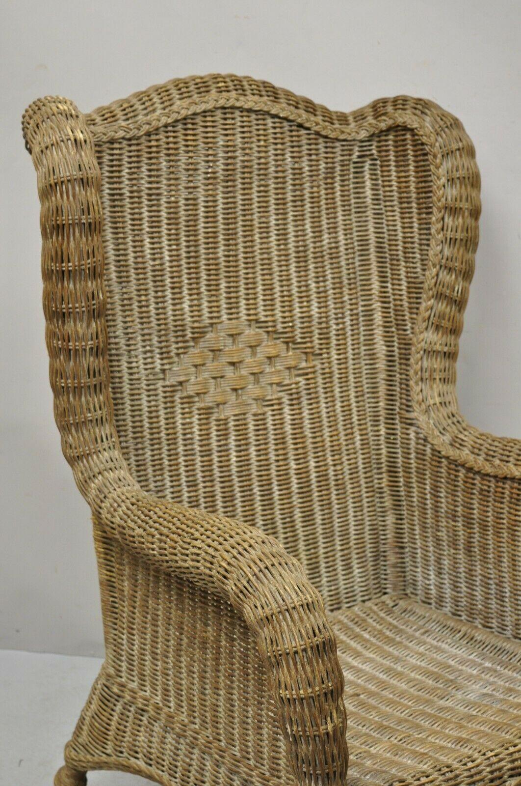Large Woven Wicker Rattan Victorian Style Wingback Lounge Arm Chair In Good Condition For Sale In Philadelphia, PA