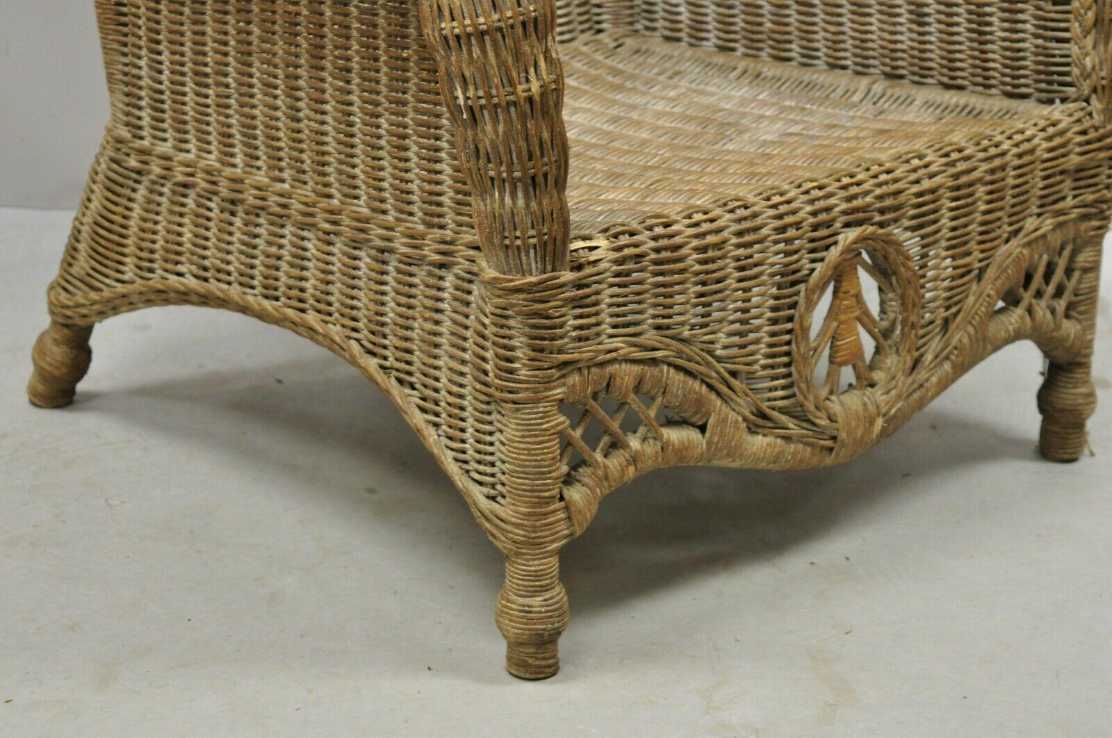 20th Century Large Woven Wicker Rattan Victorian Style Wingback Lounge Arm Chair For Sale