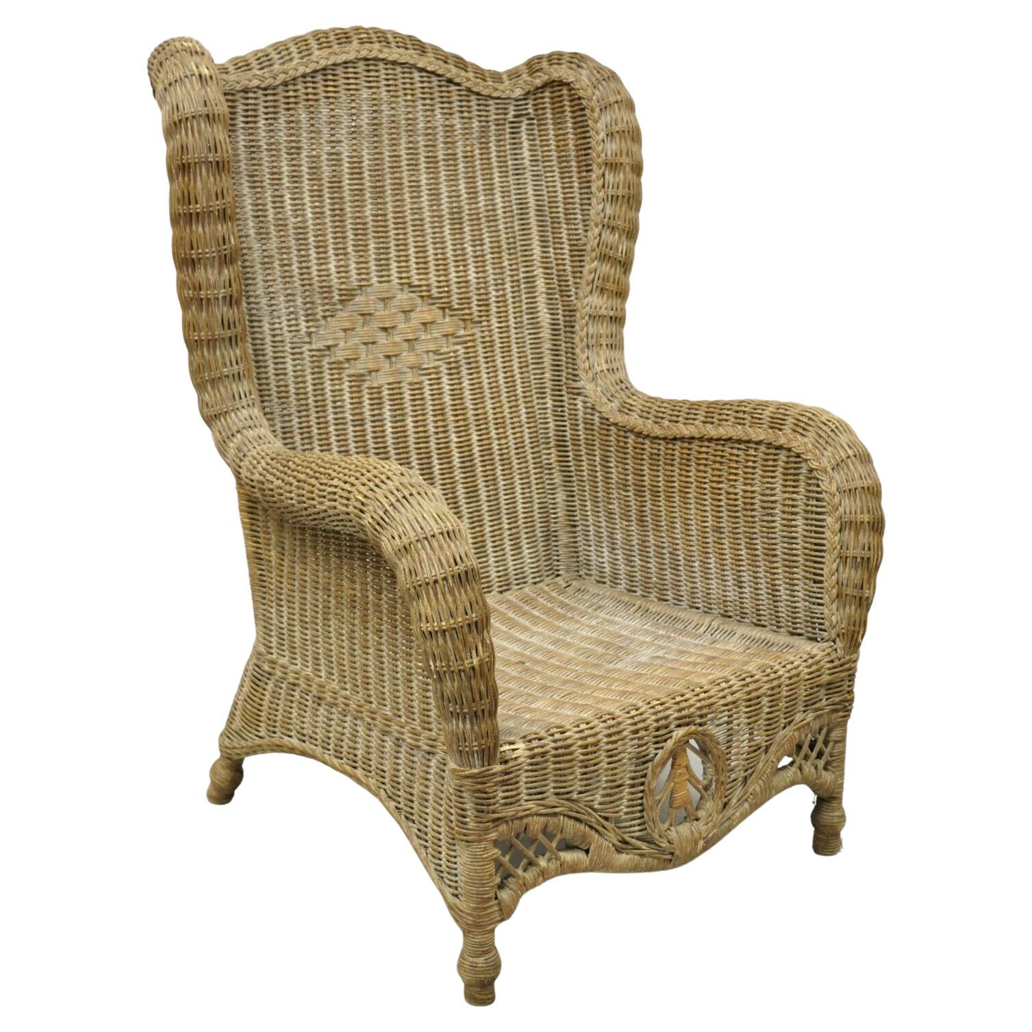 Large Woven Wicker Rattan Victorian Style Wingback Lounge Arm Chair For Sale
