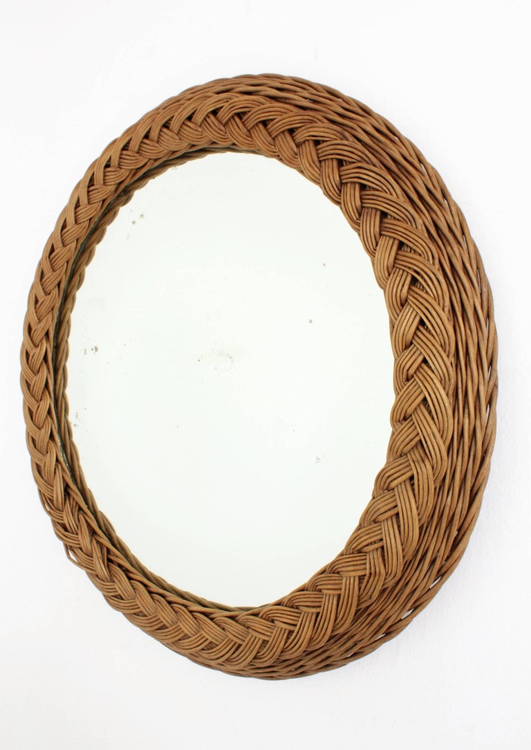 Large Woven Wicker Round Braided Mirror, Spain, 1940s at ...