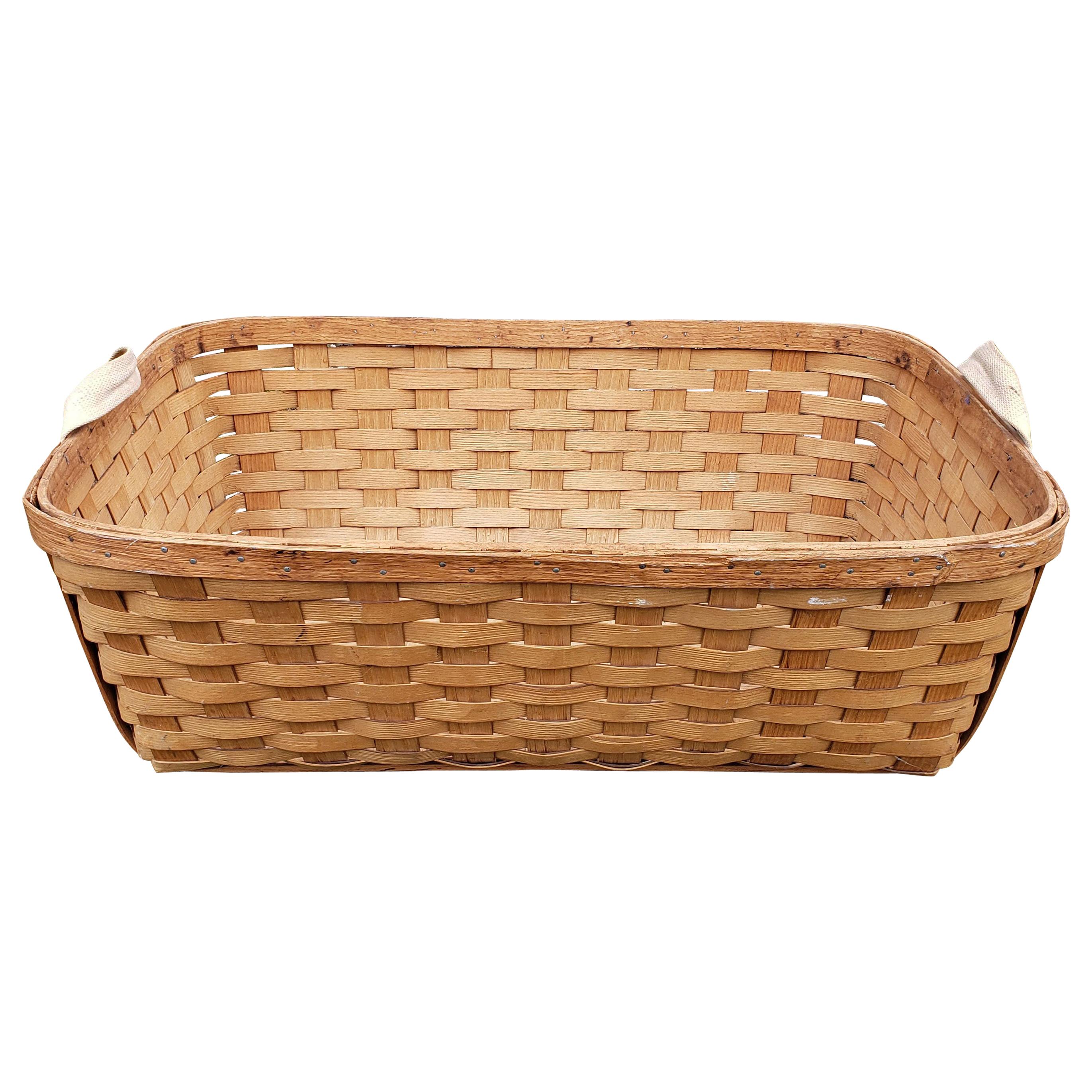 Large Woven Wood Slat Basket with Cloth Handles