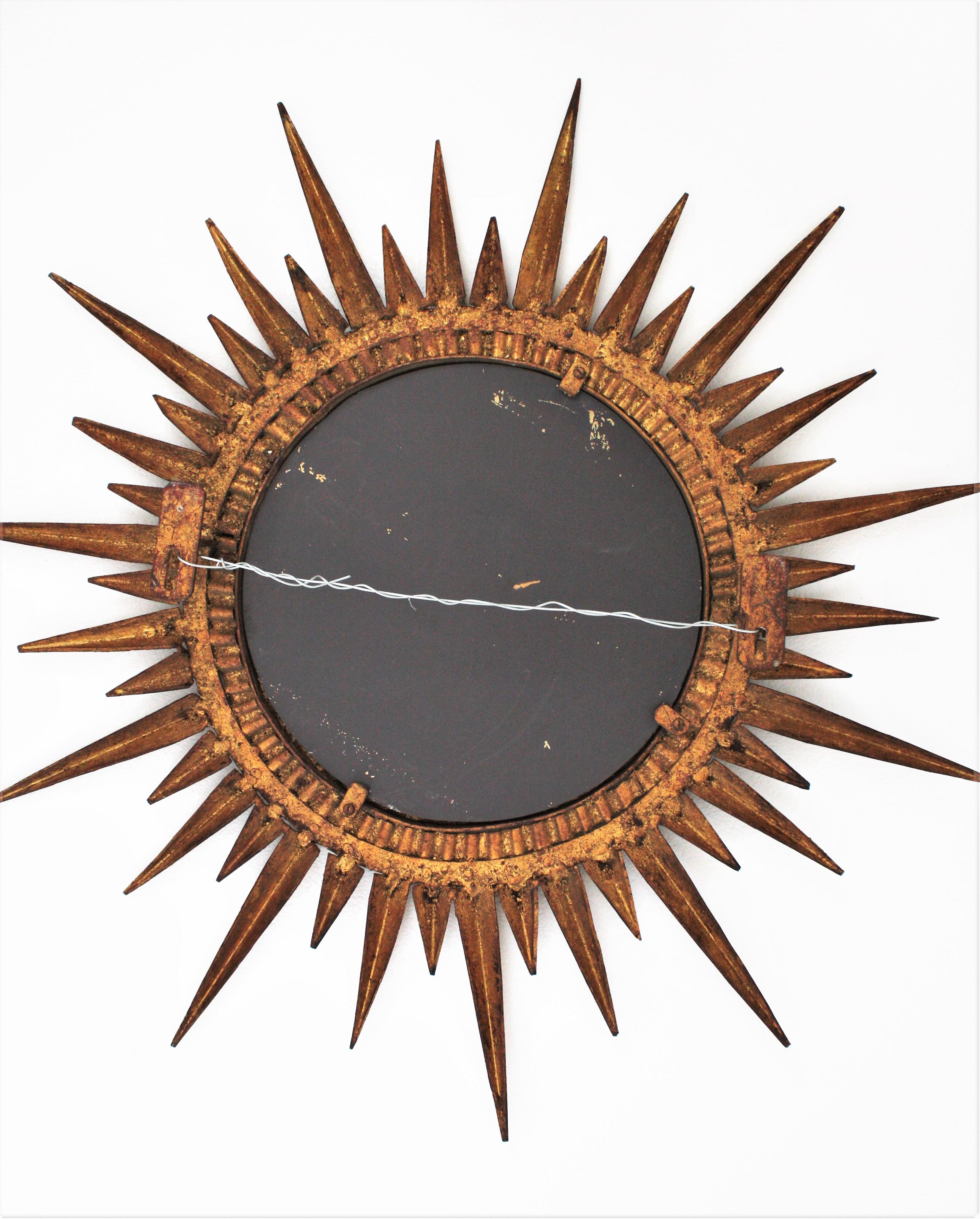 Spanish Gilt Sunburst Brutalist Mirror, Hand Forged Iron, 1950s For Sale 4