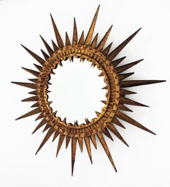 Spanish Brutalist Sunburst Mirror in Gilt Wrought Iron, 1950