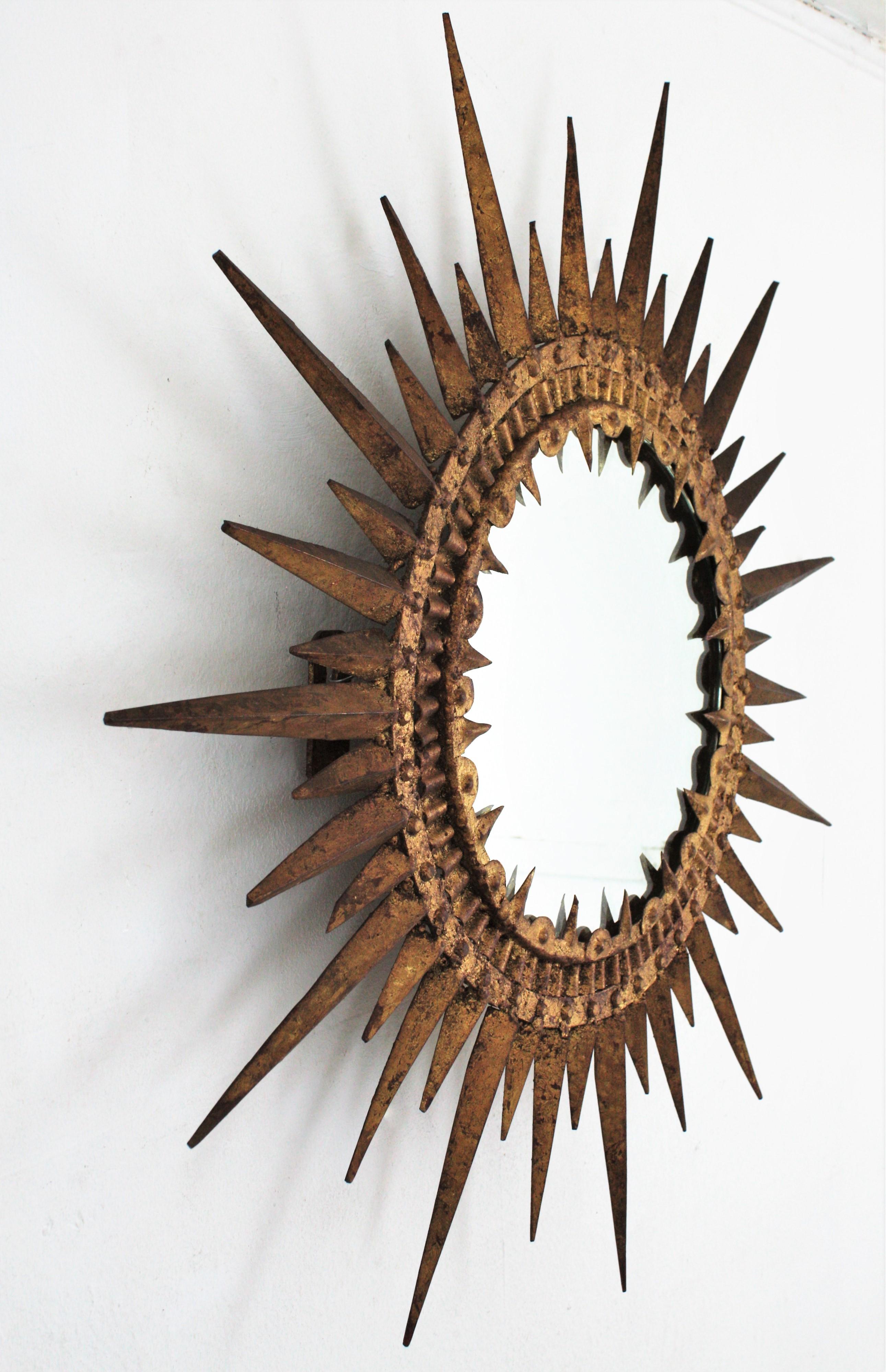 20th Century Spanish Gilt Sunburst Brutalist Mirror, Hand Forged Iron, 1950s For Sale