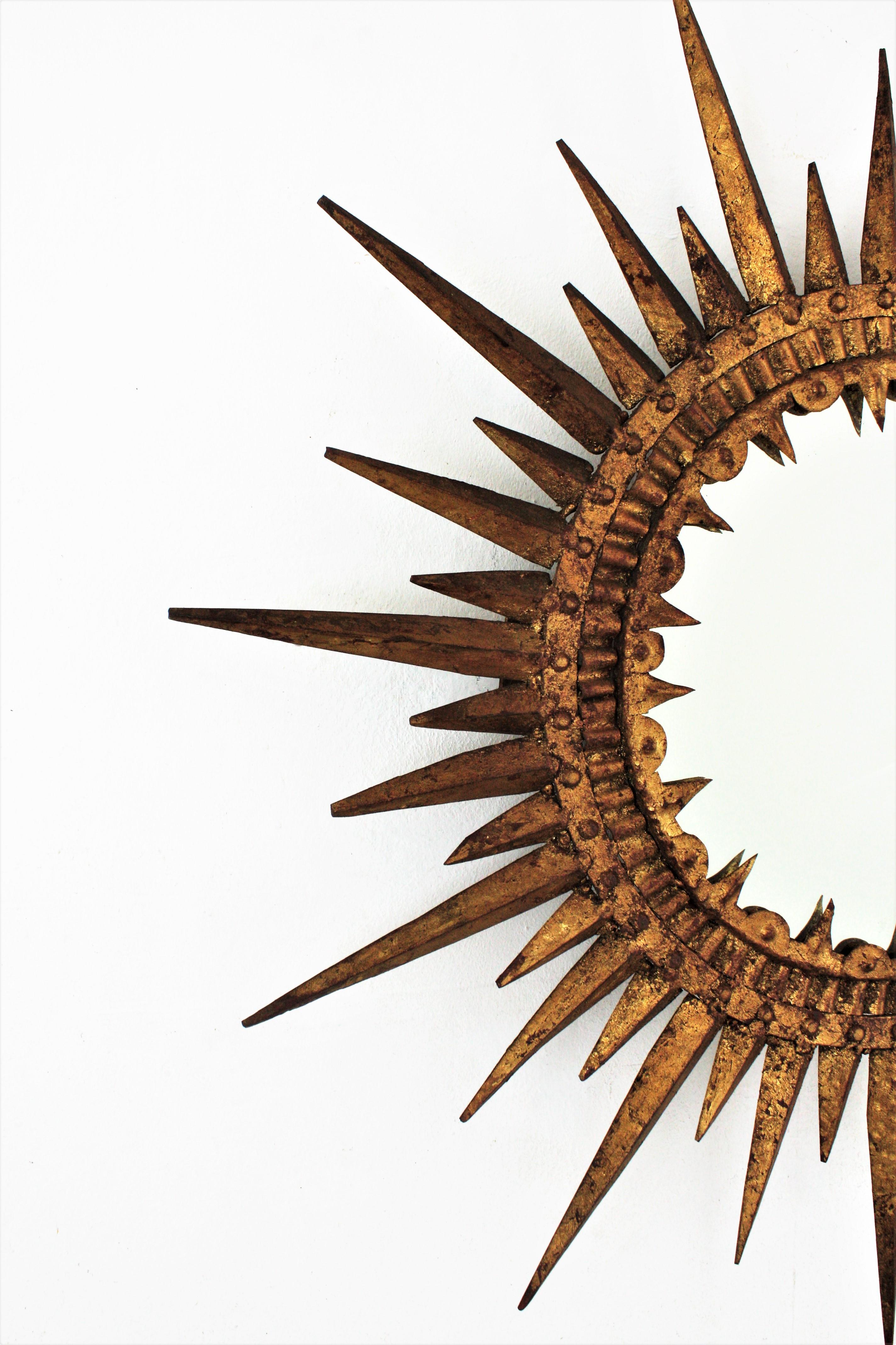 Spanish Gilt Sunburst Brutalist Mirror, Hand Forged Iron, 1950s For Sale 1