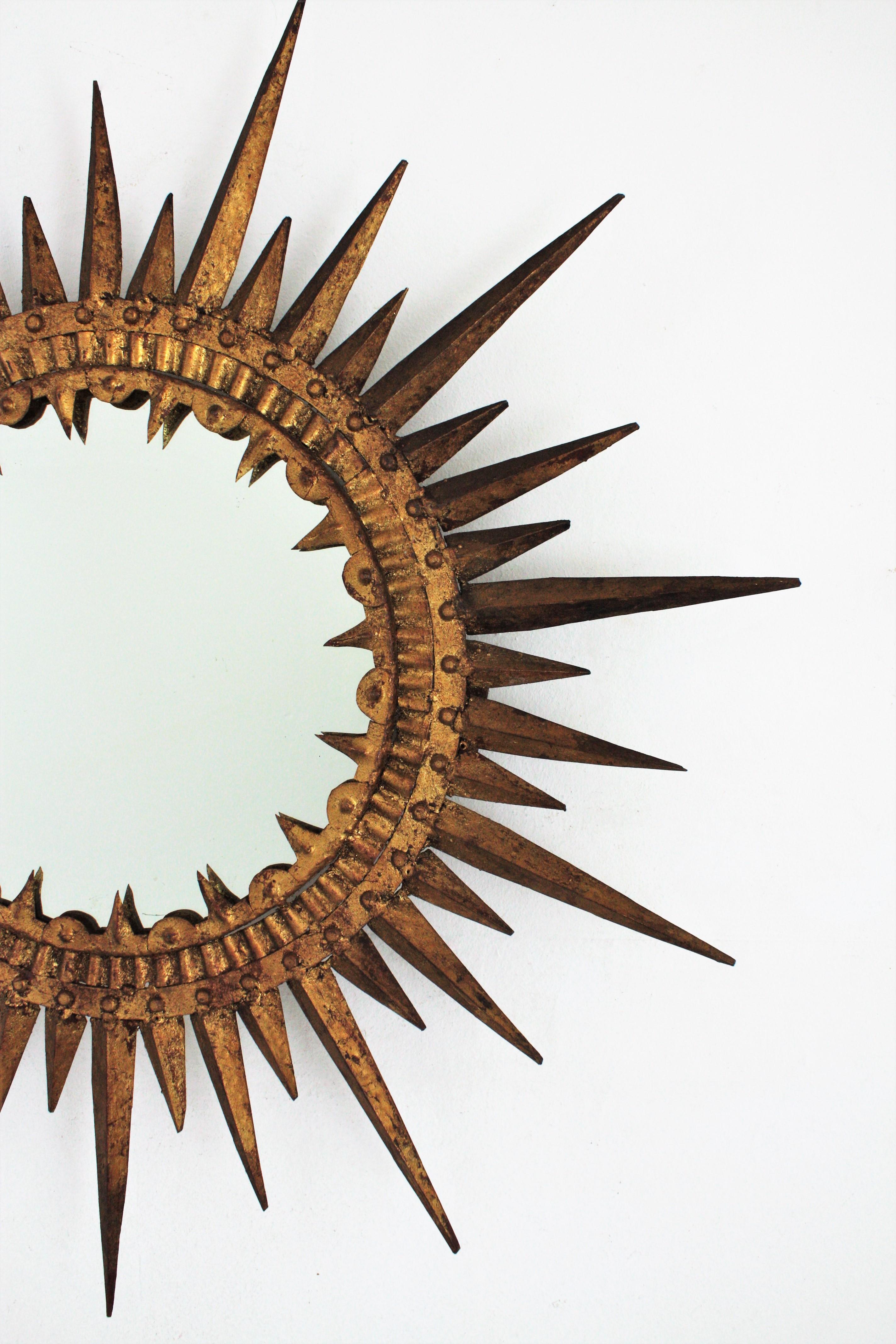 Spanish Gilt Sunburst Brutalist Mirror, Hand Forged Iron, 1950s For Sale 2