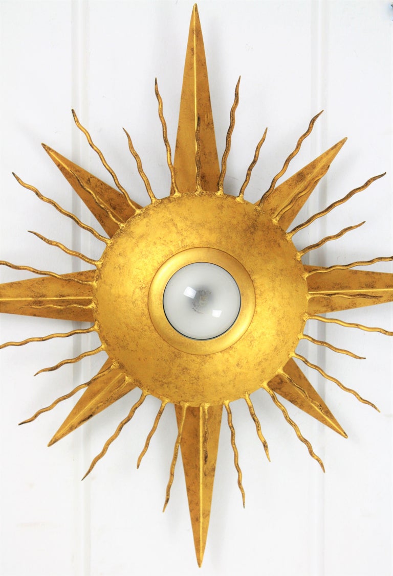 Large Wrought Gilt Iron Starburst Sunburst Ceiling Light ...