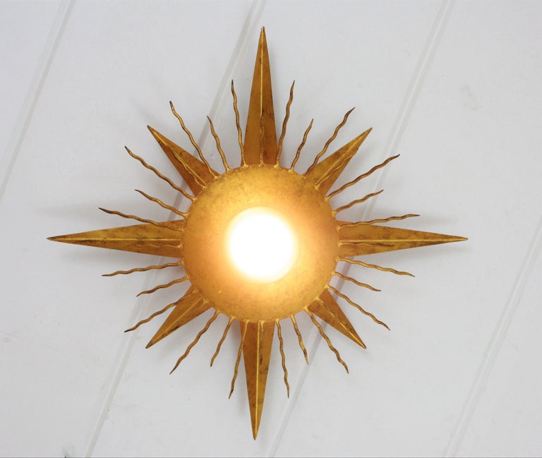 Large Wrought Gilt Iron Starburst Sunburst Ceiling Light Fixture, Spain