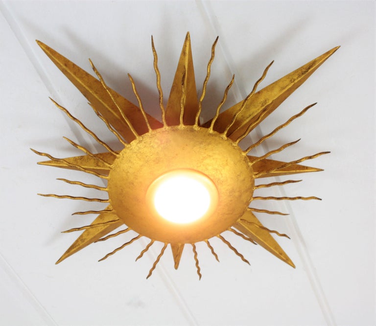 Large Wrought Gilt Iron Starburst Sunburst Ceiling Light Fixture Spain 1950s