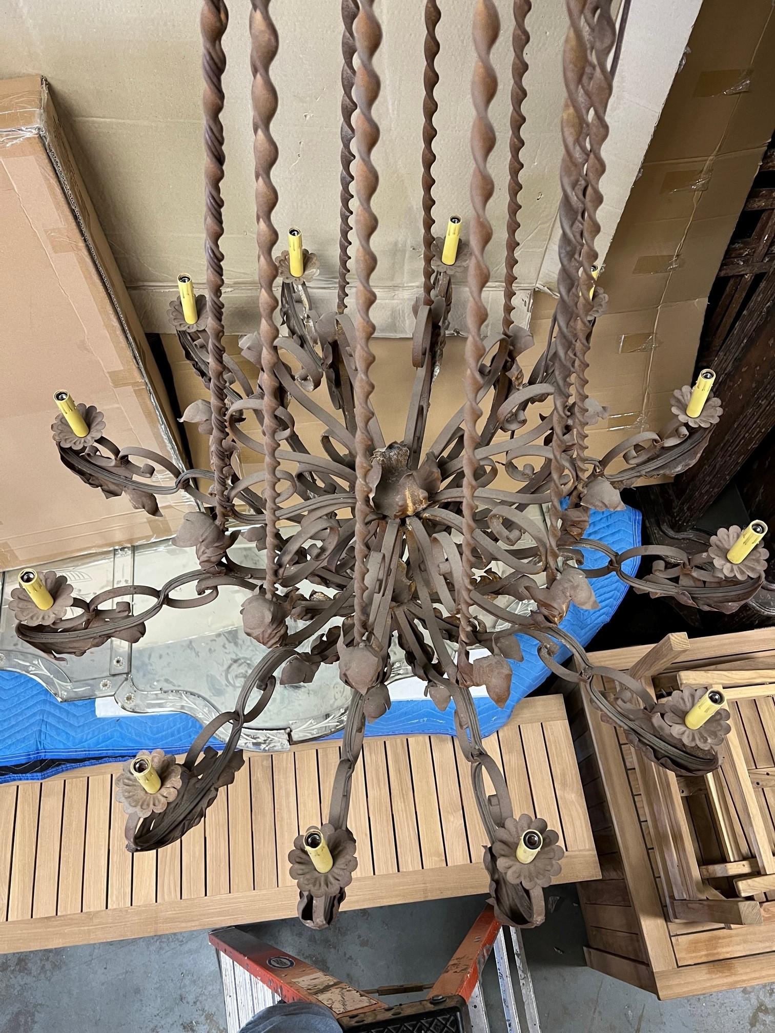 Large Wrought Iron 12 Light Chandelier with twisted iron and acanthus leaf   For Sale 10