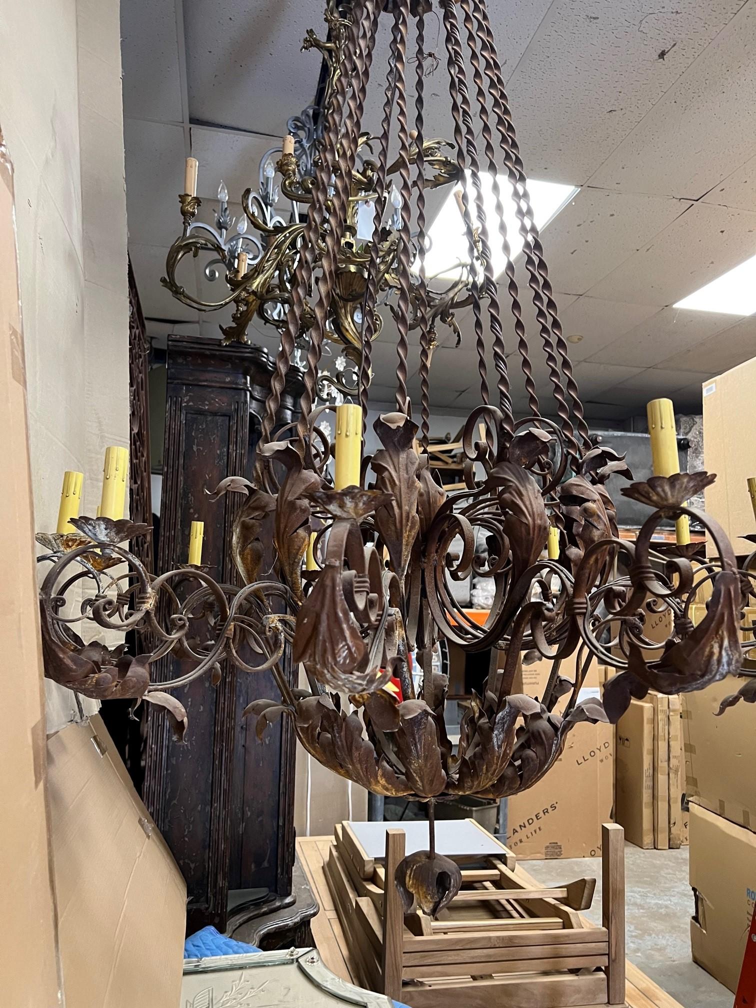 Large Wrought Iron 12 Light Chandelier with twisted iron and acanthus leaf   For Sale 11
